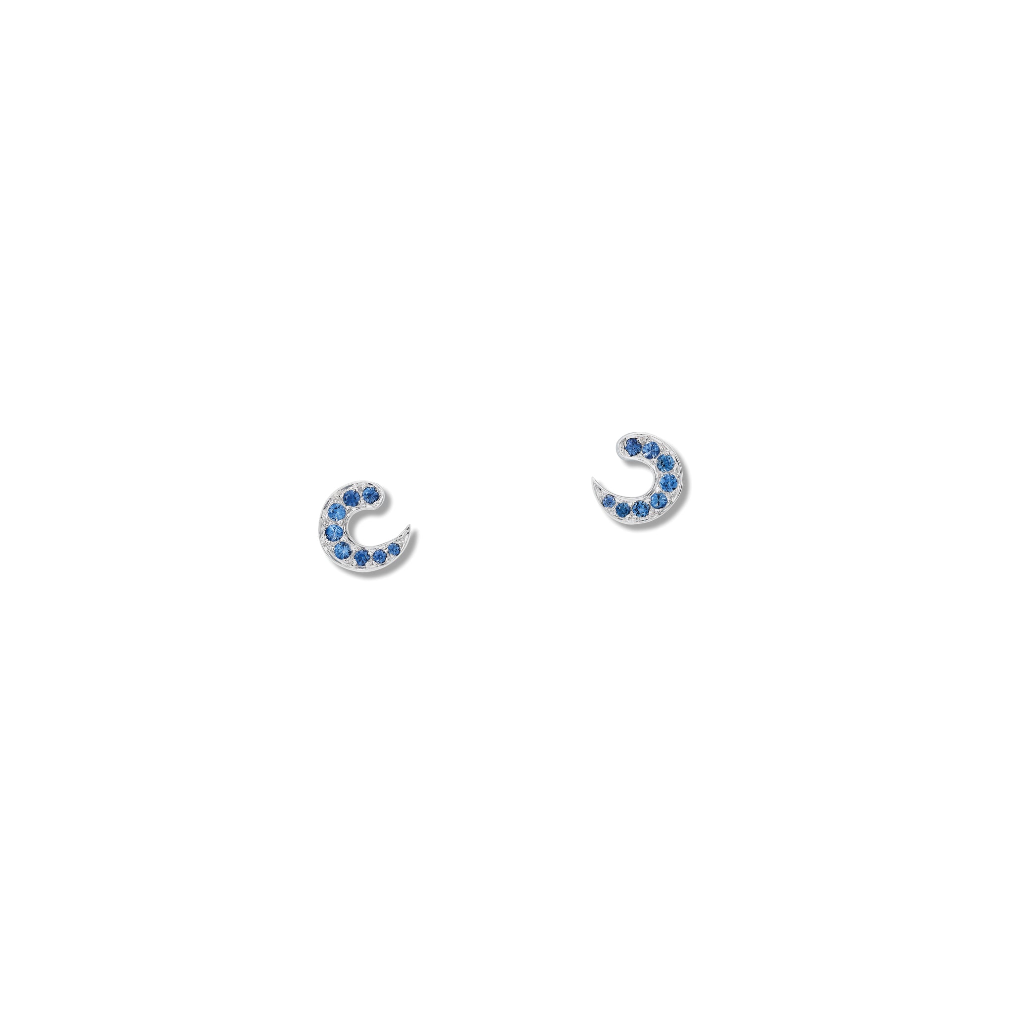 Handcrafted 18ct white gold stud earrings featuring a crescent shape with sapphire pav�, birthstone of September.