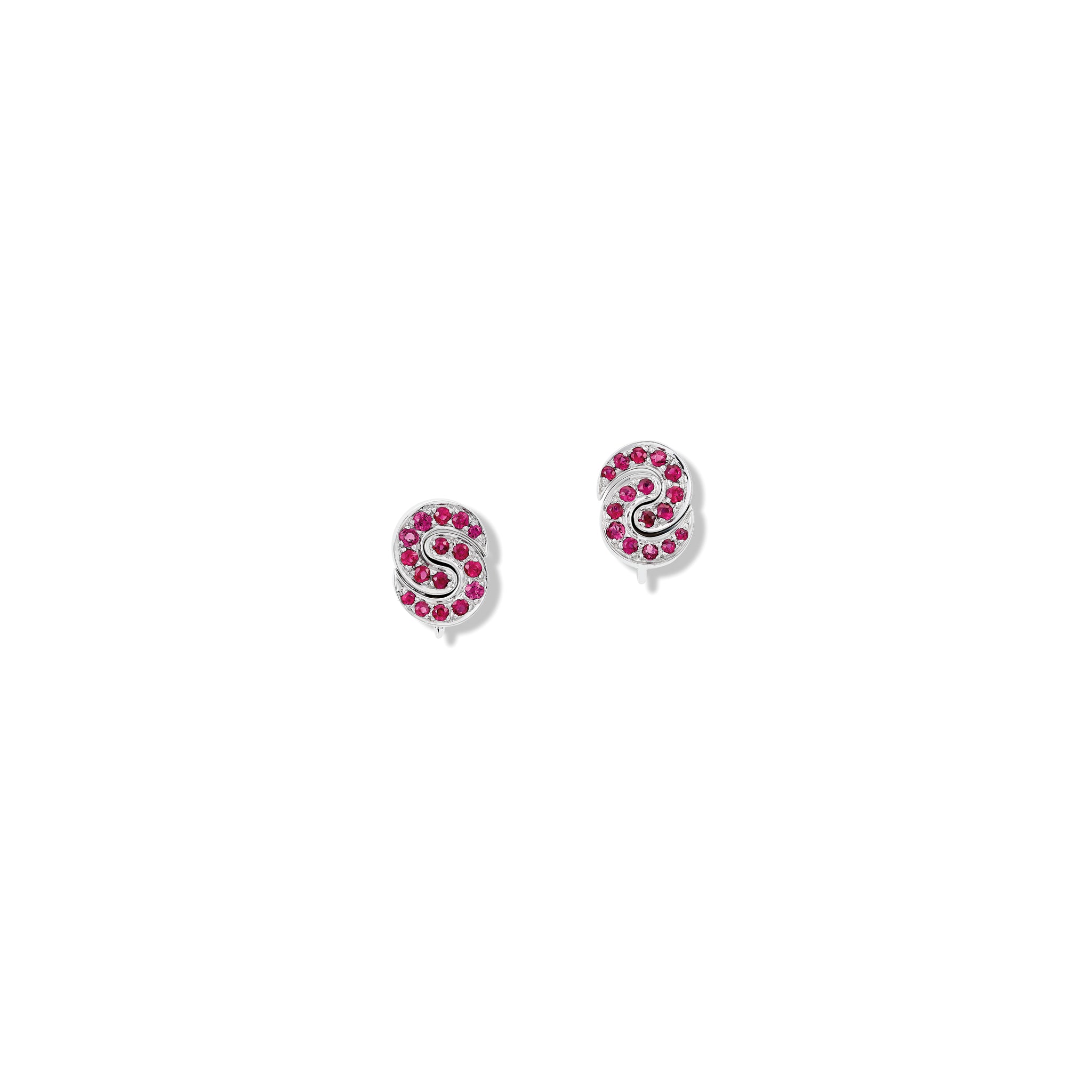 Handcrafted 18ct white gold stud earrings featuring a crescent shape with ruby pav�, birthstone of July.
