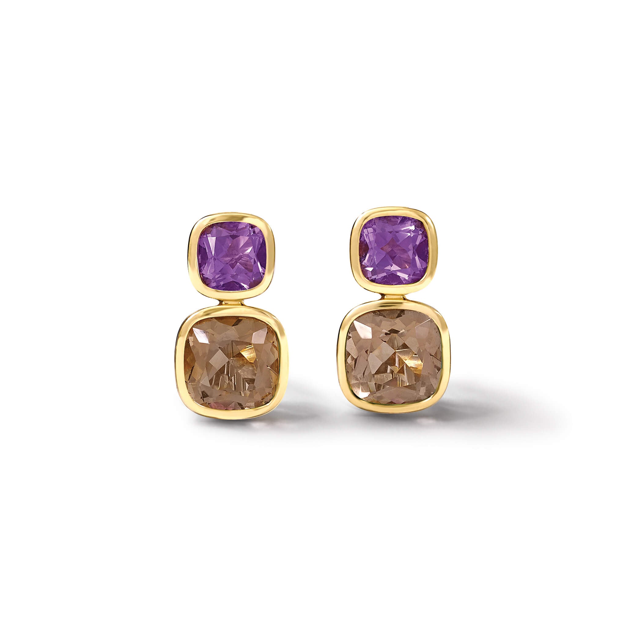 Handcrafted 18ct yellow gold square shaped earrings featuring iolite and smoky quartz gemstones.
