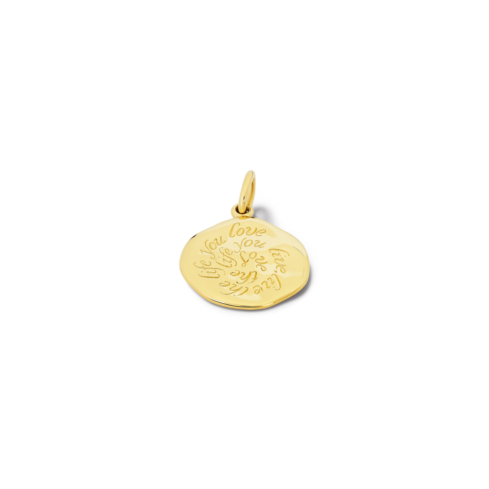 Handcrafted yellow gold necklace pendant engraved with the quote, 'Live as if you were to die tomorrow. Learn as if you were to live forever.'