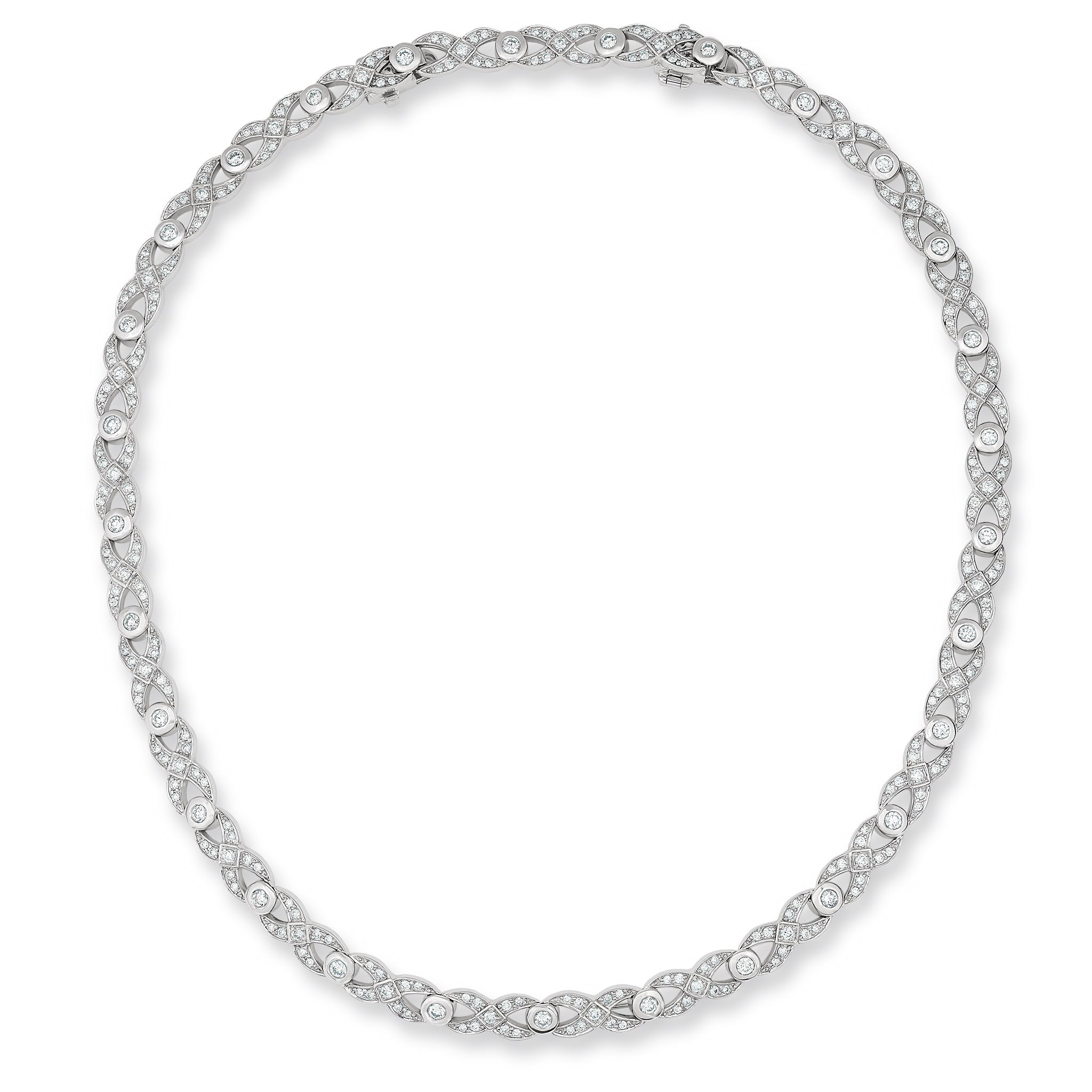 Handcrafted 18ct white gold necklace with a looping pattern, set with round cut diamonds.