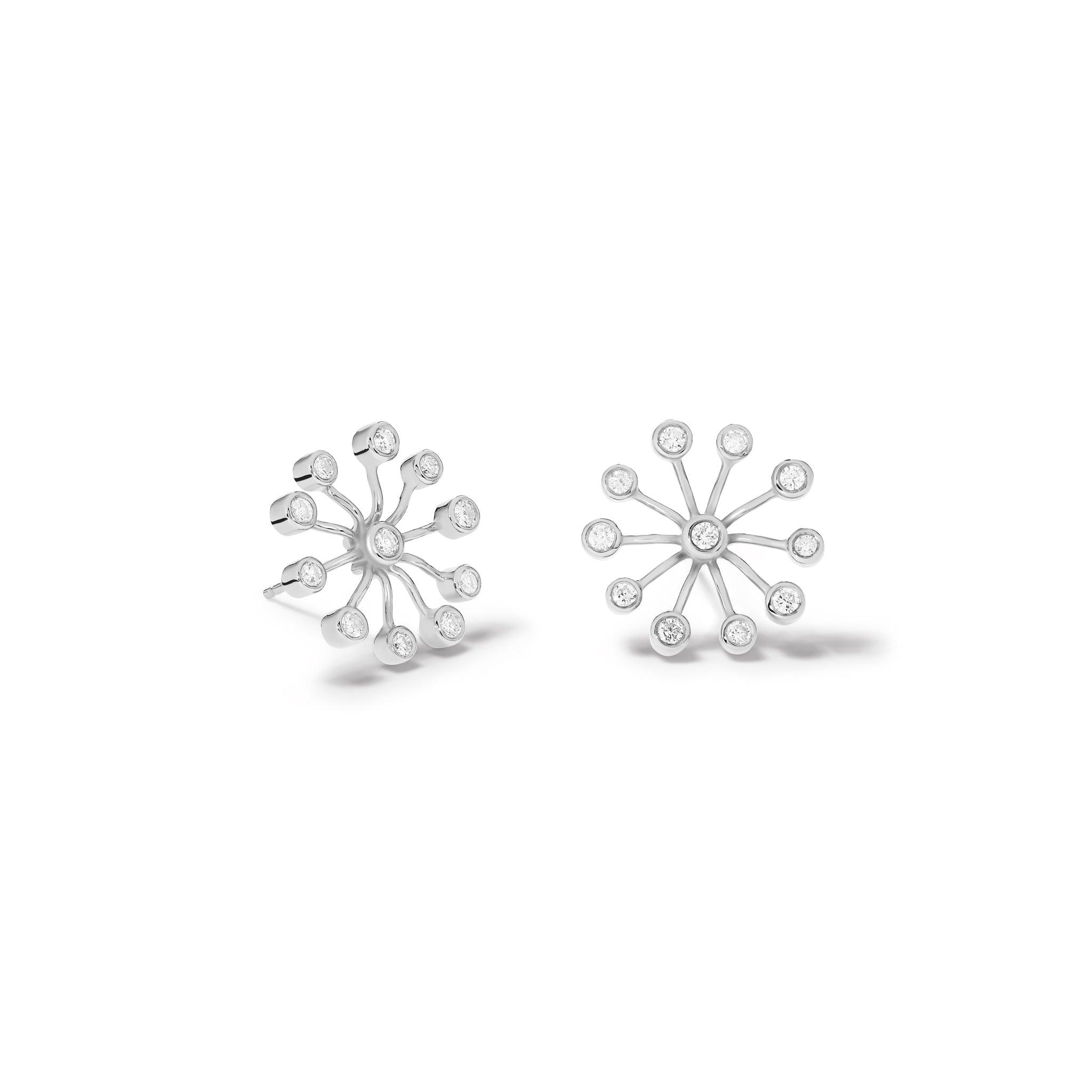 Handcrafted 18ct white gold earrings inspired by the delicate spurs of an astrantia flower, with diamonds set at the tip of each spur.