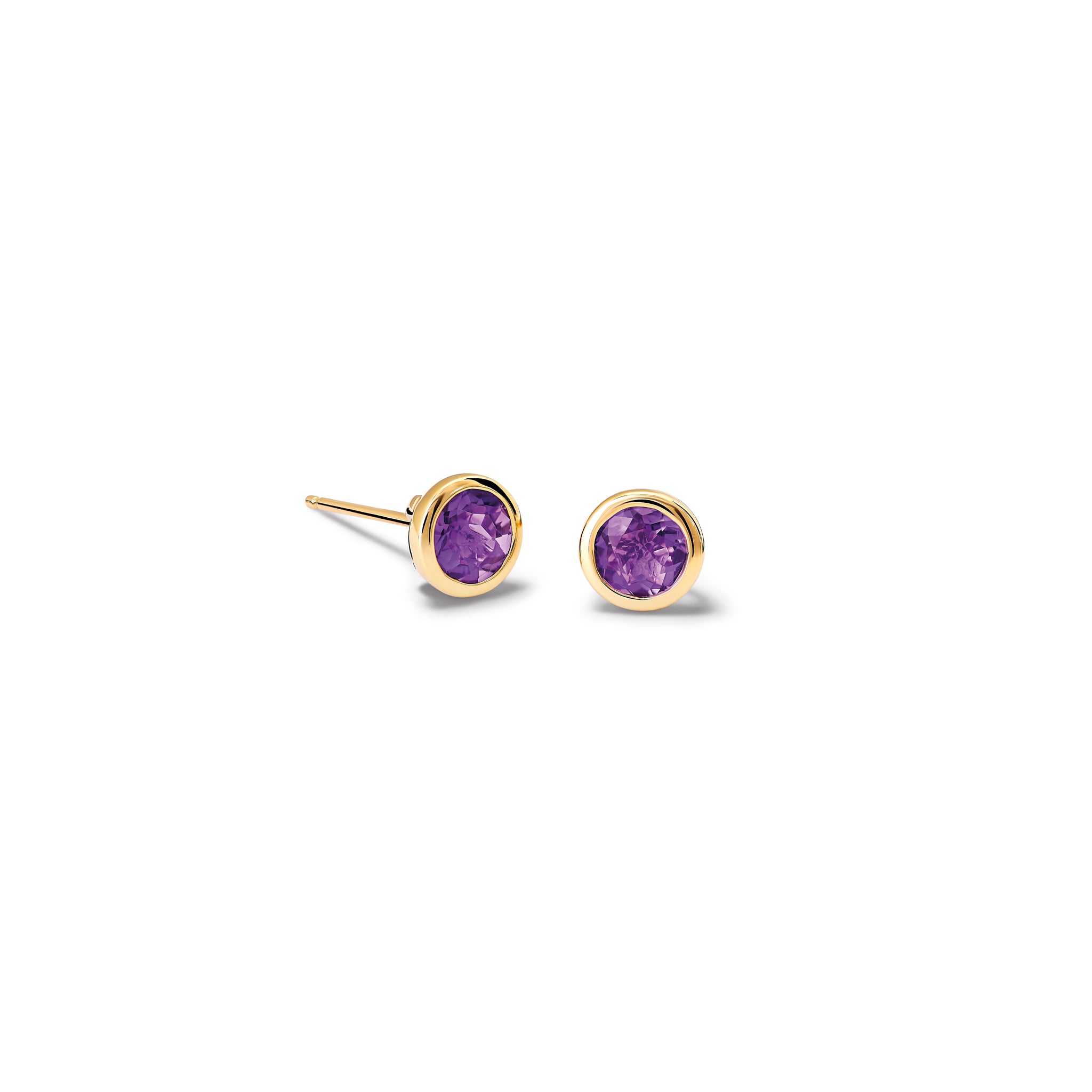 Handcrafted yellow gold stud earrings featuring round amethyst, birthstone of February.