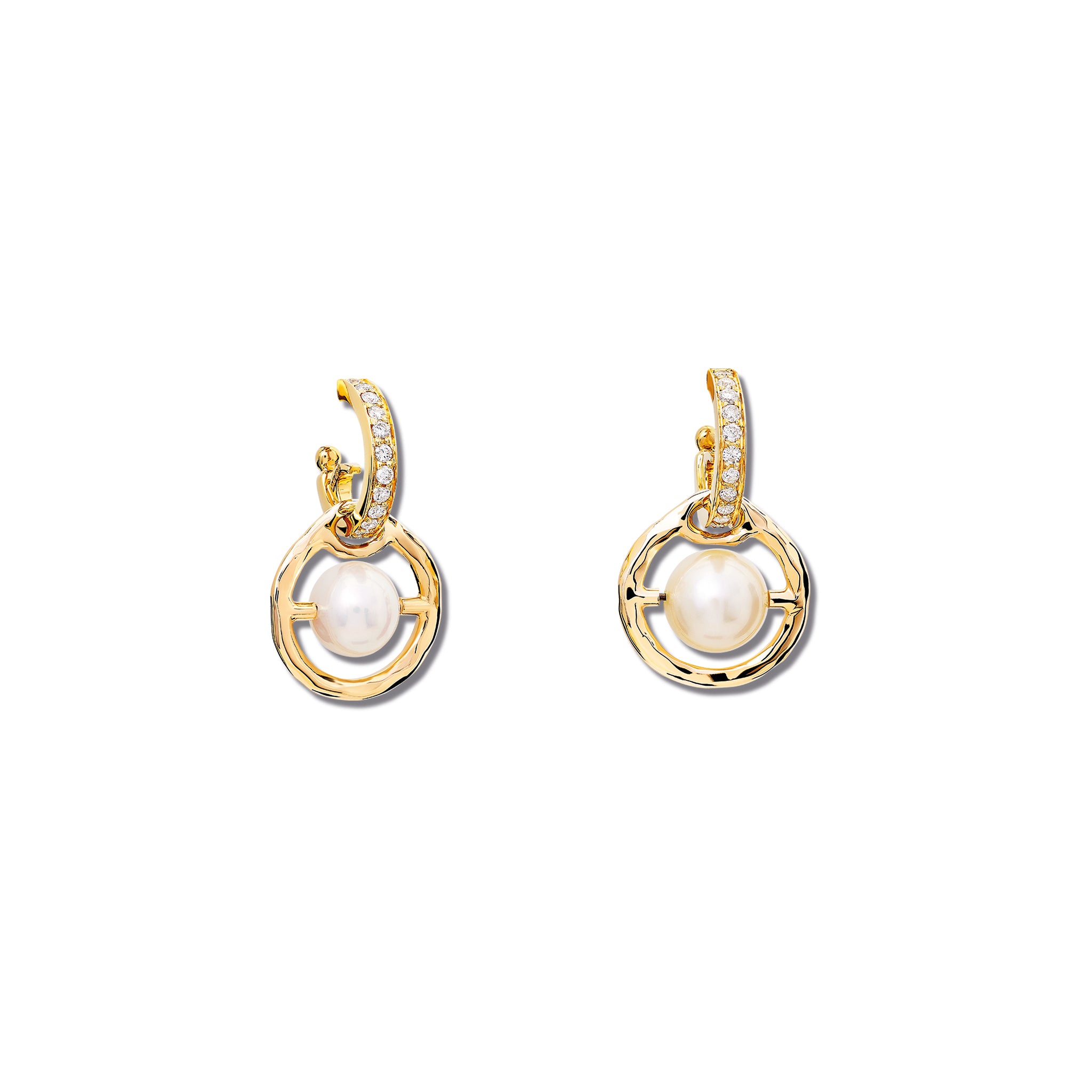 Handcrafted yellow gold earring drops featuring a round pearls, birthstone of June, held within a gold circle.