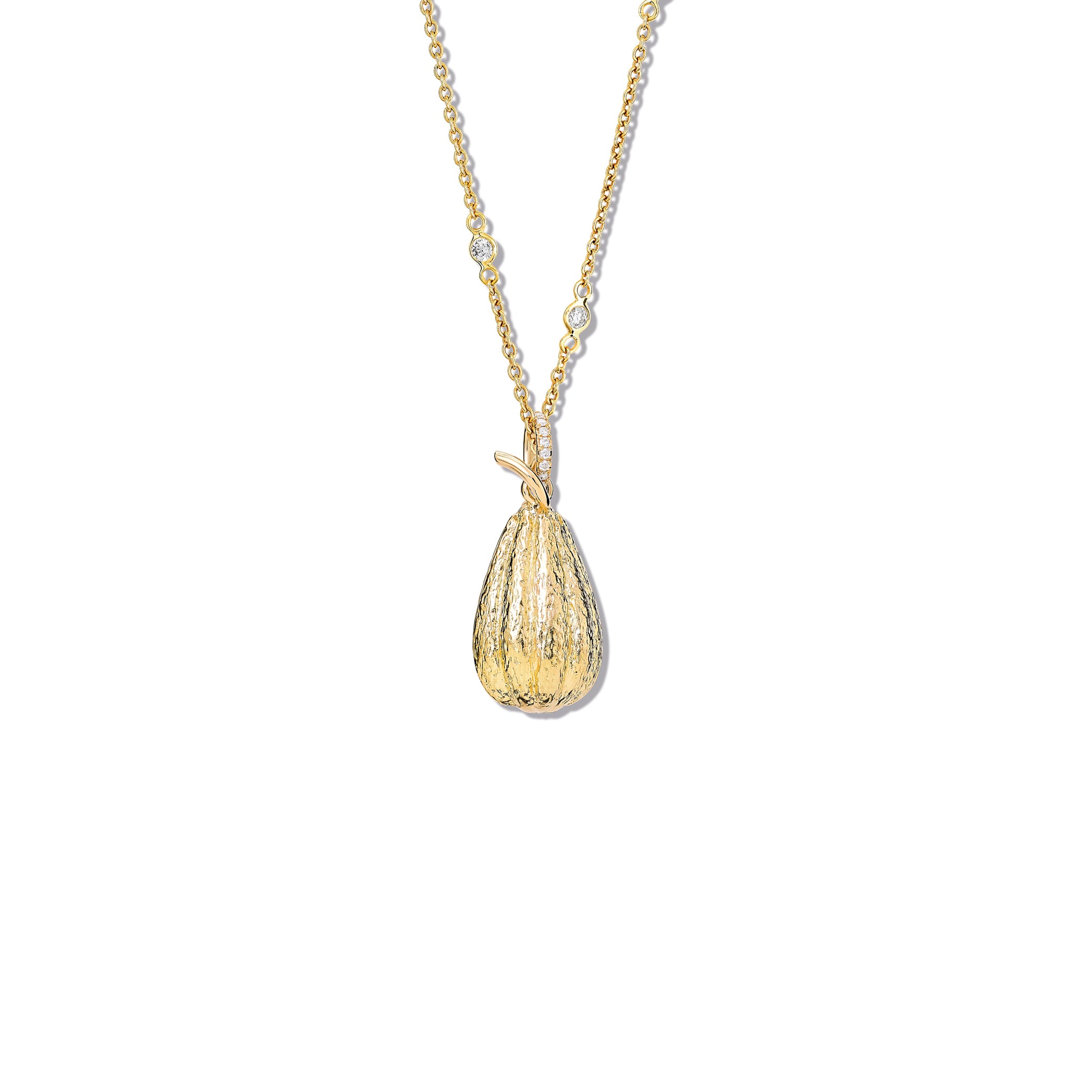 Handcrafted 9ct yellow gold necklace pendant in the shape of a cocoa pod which swivels open to reveal rose cut smoky quartz with a diamond pave loop.