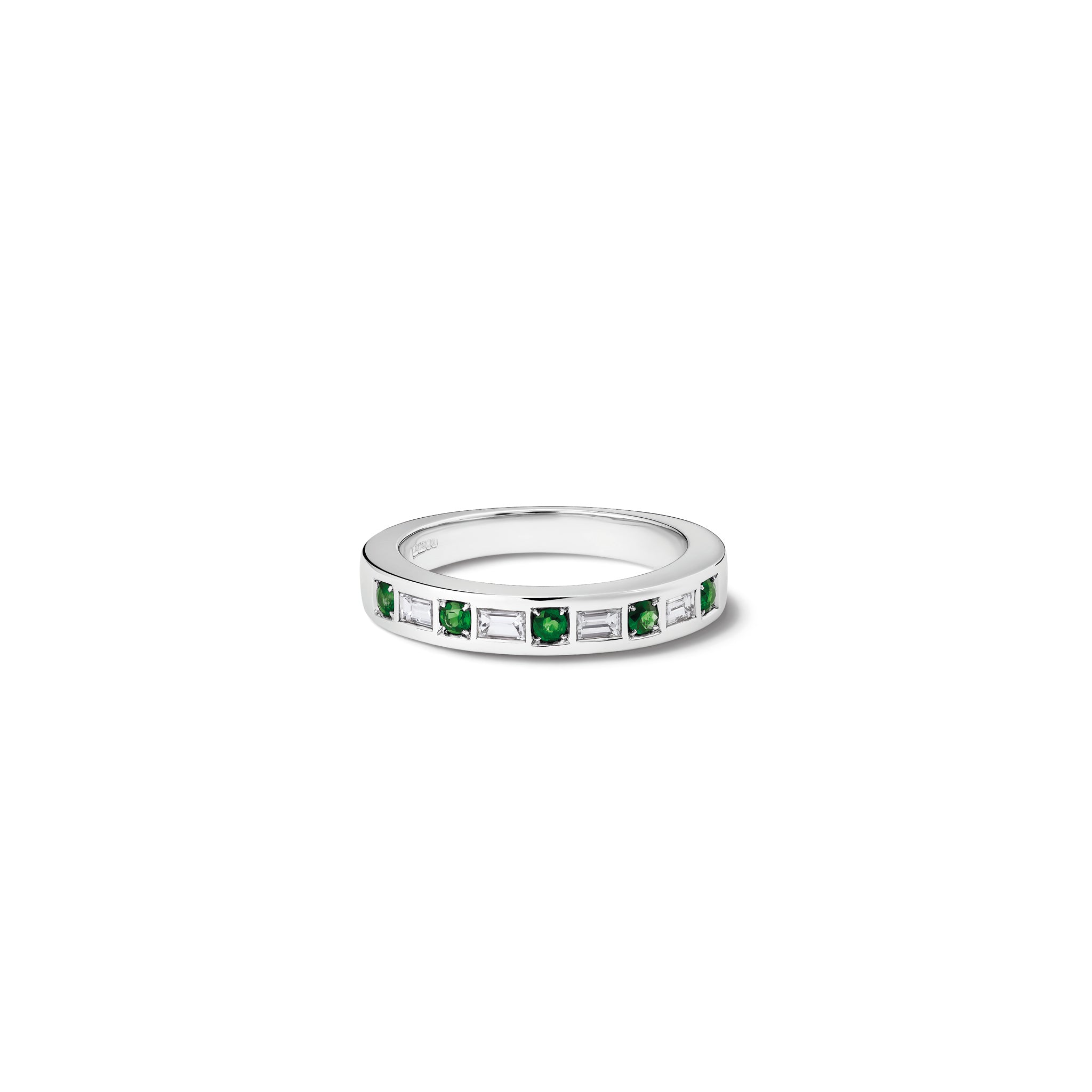 Handcrafted 18ct white gold wedding band or eternity ring set with round and rectangular emeralds and diamonds halfway round the band.