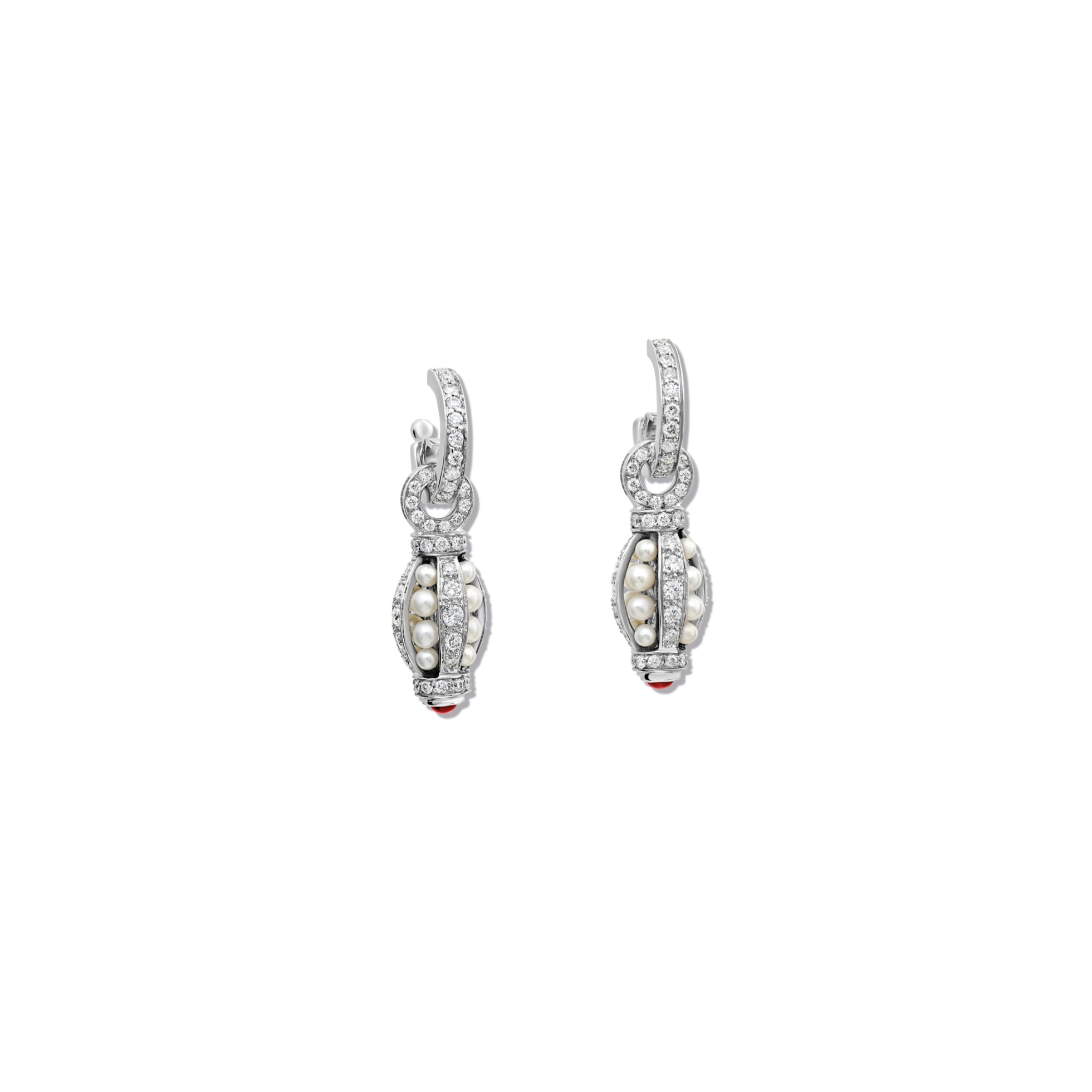 Handcrafted 18ct white gold teardrop shaped earring drops with pearls enclosed with diamonds and a ruby at the bottom.