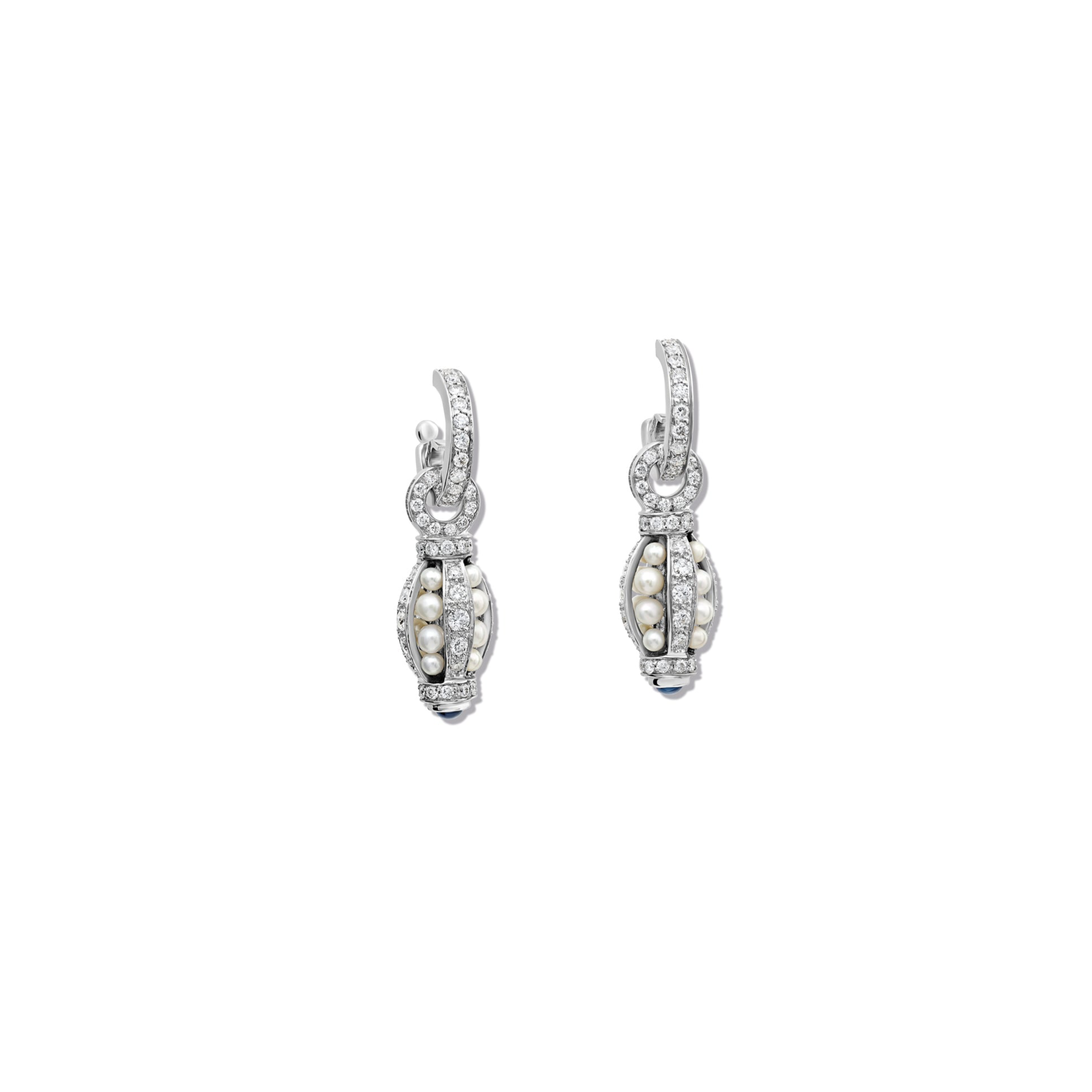 Handcrafted 18ct white gold teardrop shaped earring drops with pearls enclosed with diamonds and a sapphire at the bottom.
