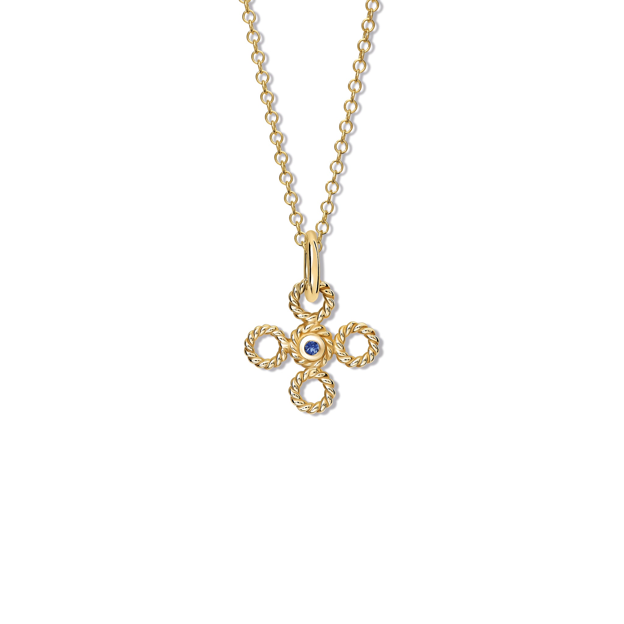 Handcrafted yellow gold necklace pendant featuring a textured rope-like shape with a sapphire.