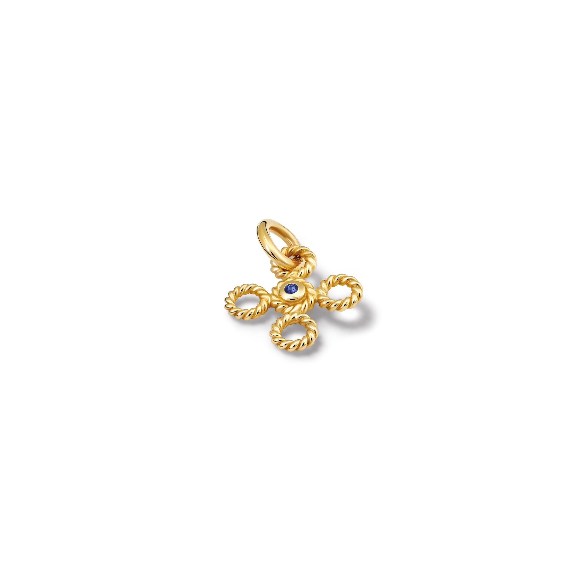 Handcrafted yellow gold necklace pendant featuring a textured rope-like shape with a sapphire.