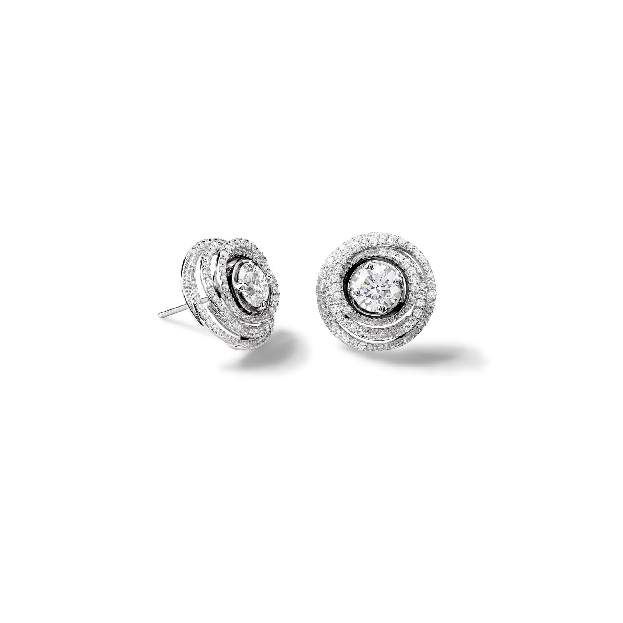 A pair of handcrafted 18ct white gold and diamond earring halos designed to resemble nests of tagliatelle pasta with an interchangeable centre.