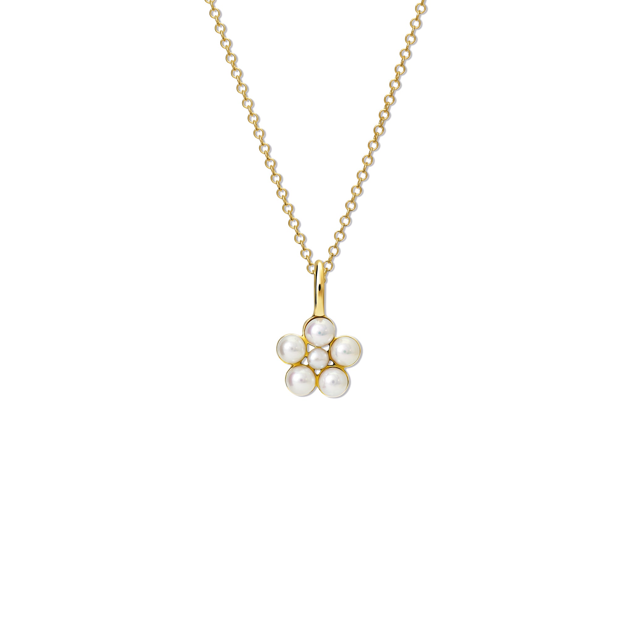 Handcrafted yellow gold flower shaped necklace pendant with pearls, birthstone of June.