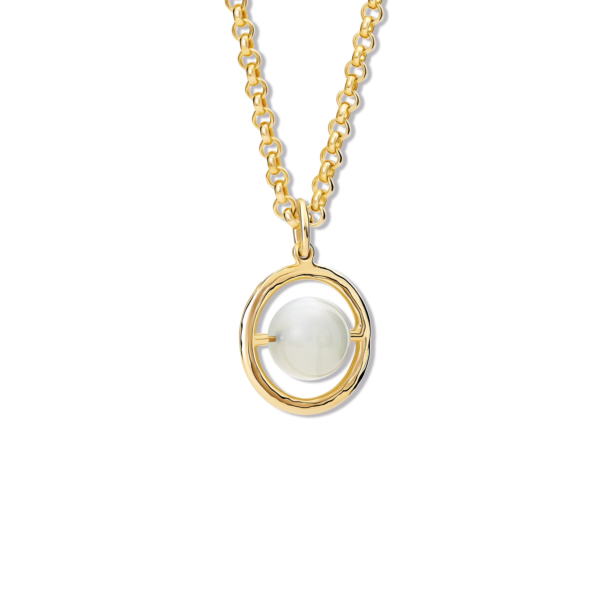 Handcrafted yellow gold necklace pendant featuring a circular frame that encircles a round moonstone, birthstone of October.