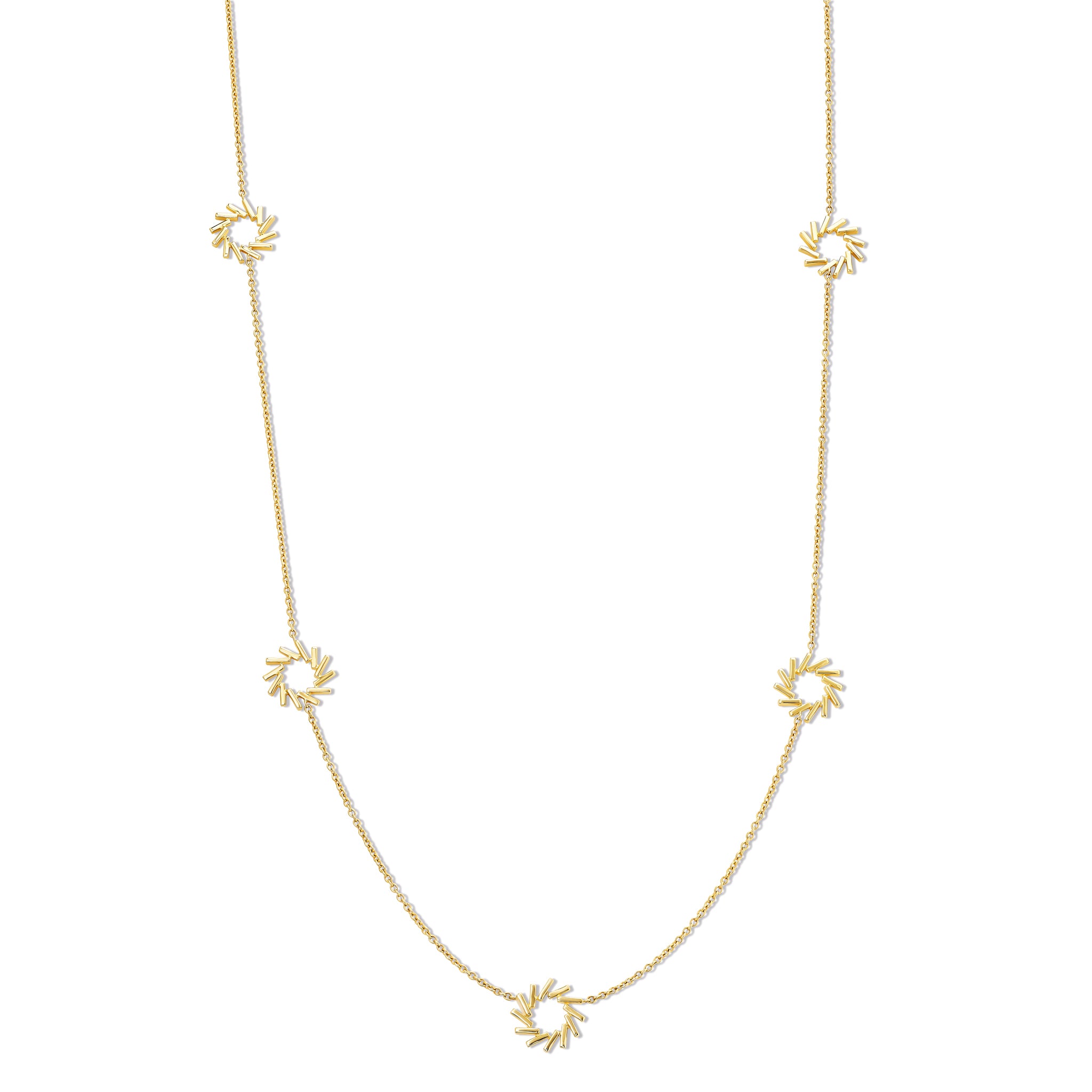 Handcrafted yellow gold necklace featuring a circular shapes of diagonal lines.