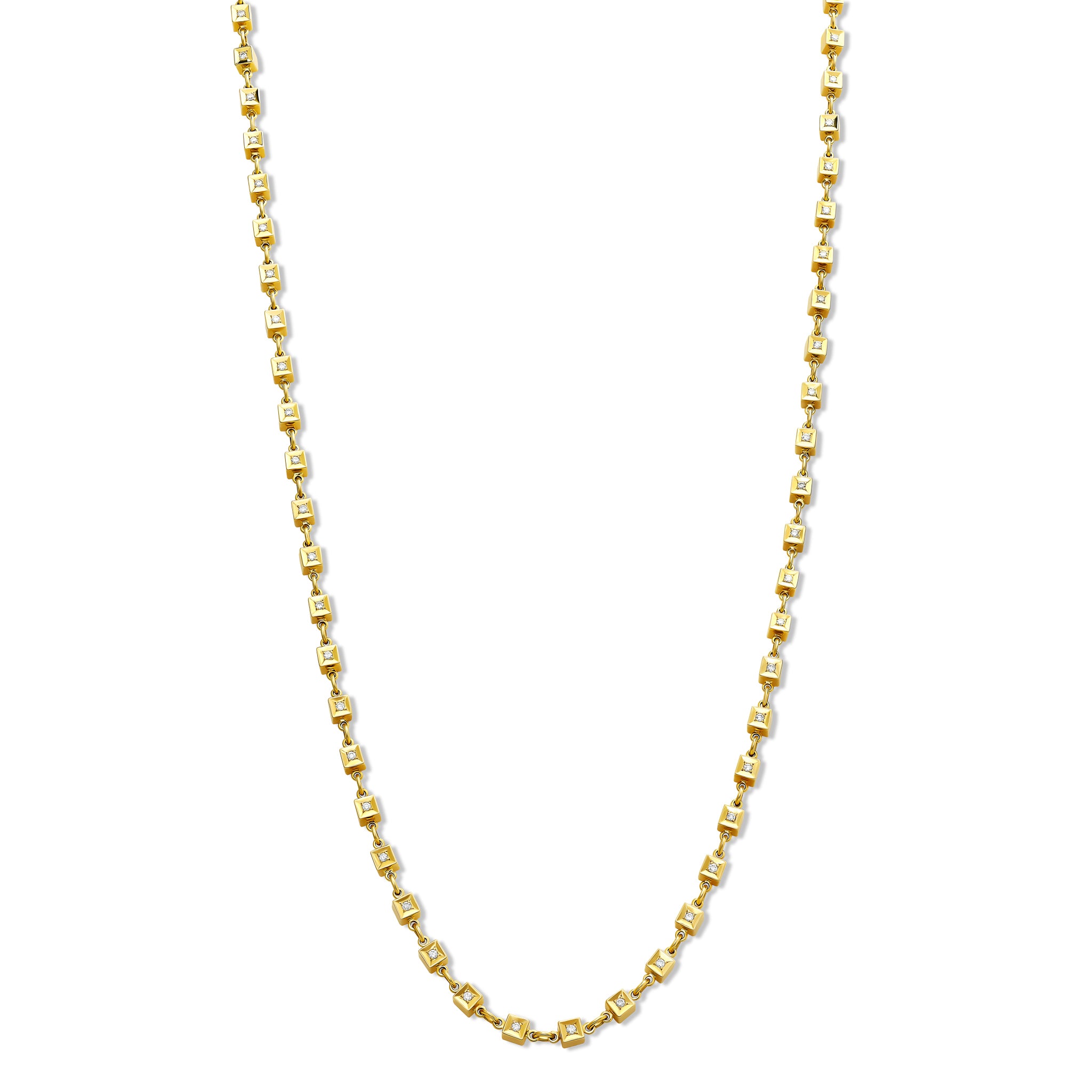 Handcrafted yellow gold necklace featuring boxes with diamonds.
