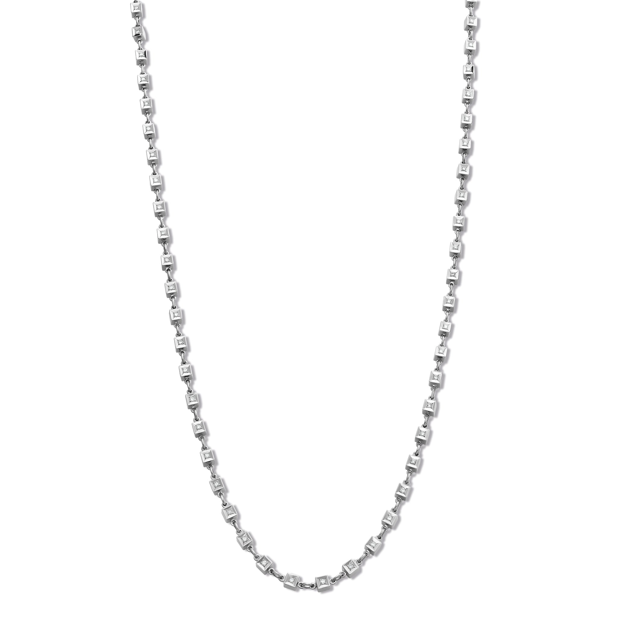 Handcrafted white gold necklace featuring boxes with diamonds.