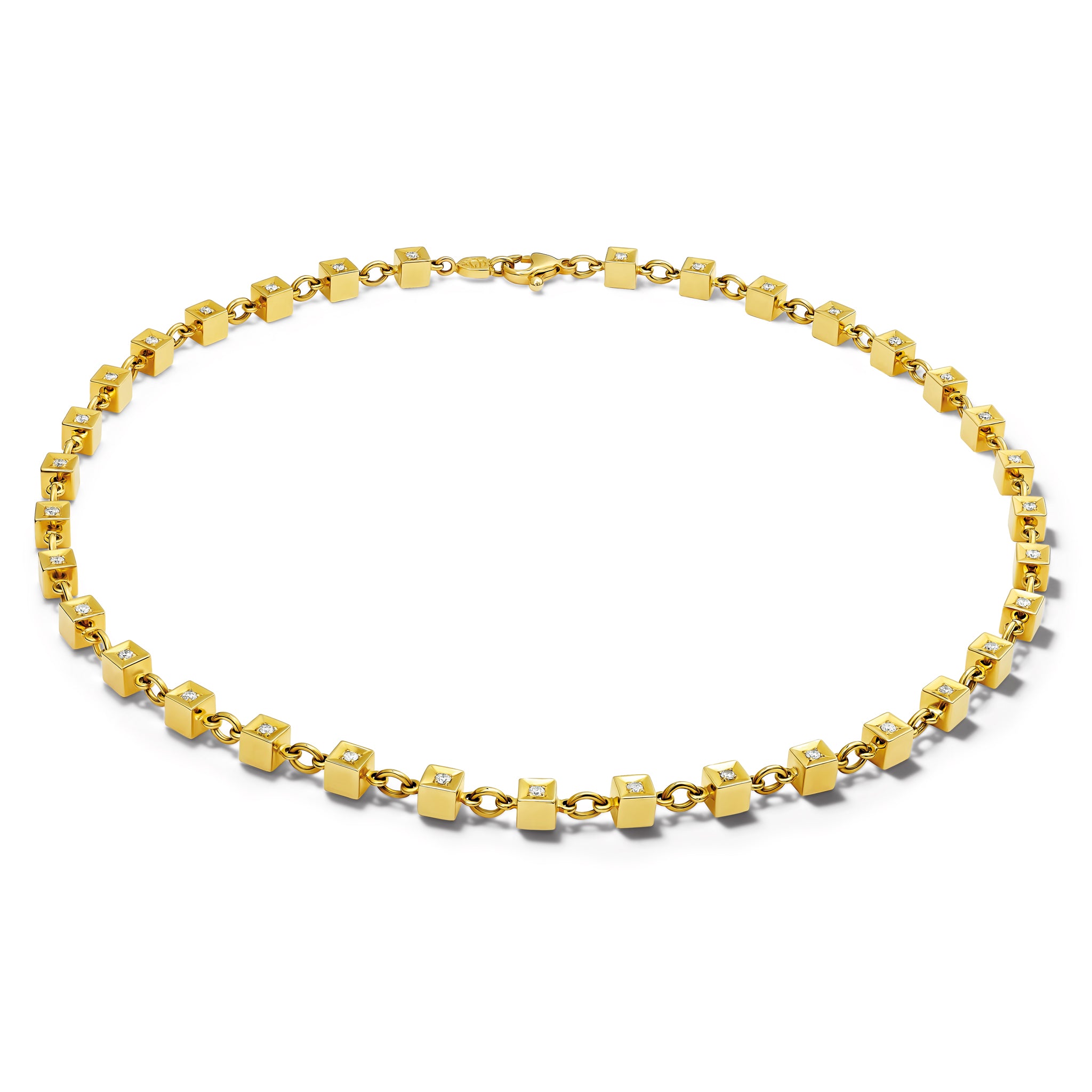 Handcrafted yellow gold necklace featuring boxes with diamonds.