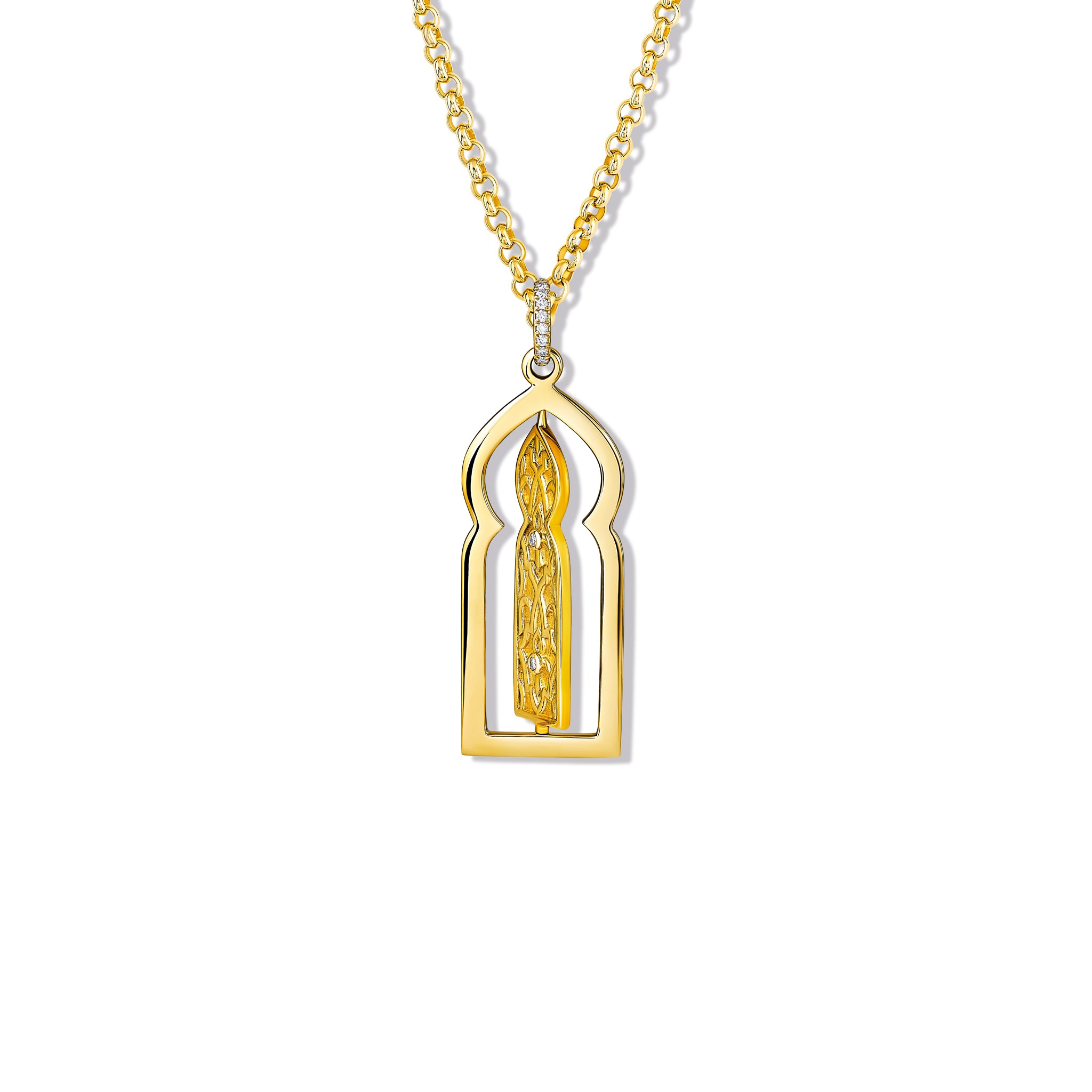 Handcrafted yellow gold necklace pendant featuring a narrow door with diamonds.