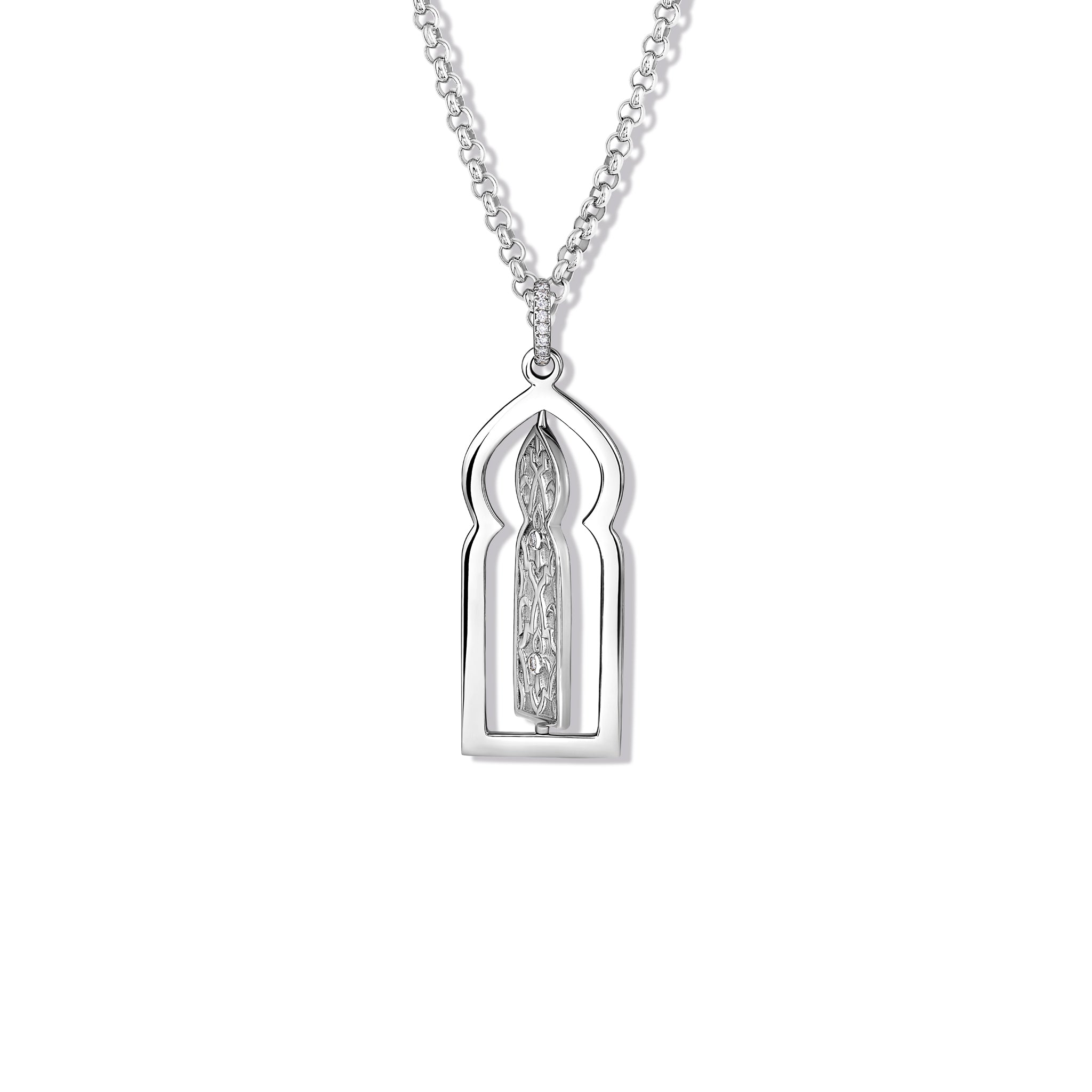 Handcrafted sterling silver necklace pendant featuring a narrow door with diamonds.