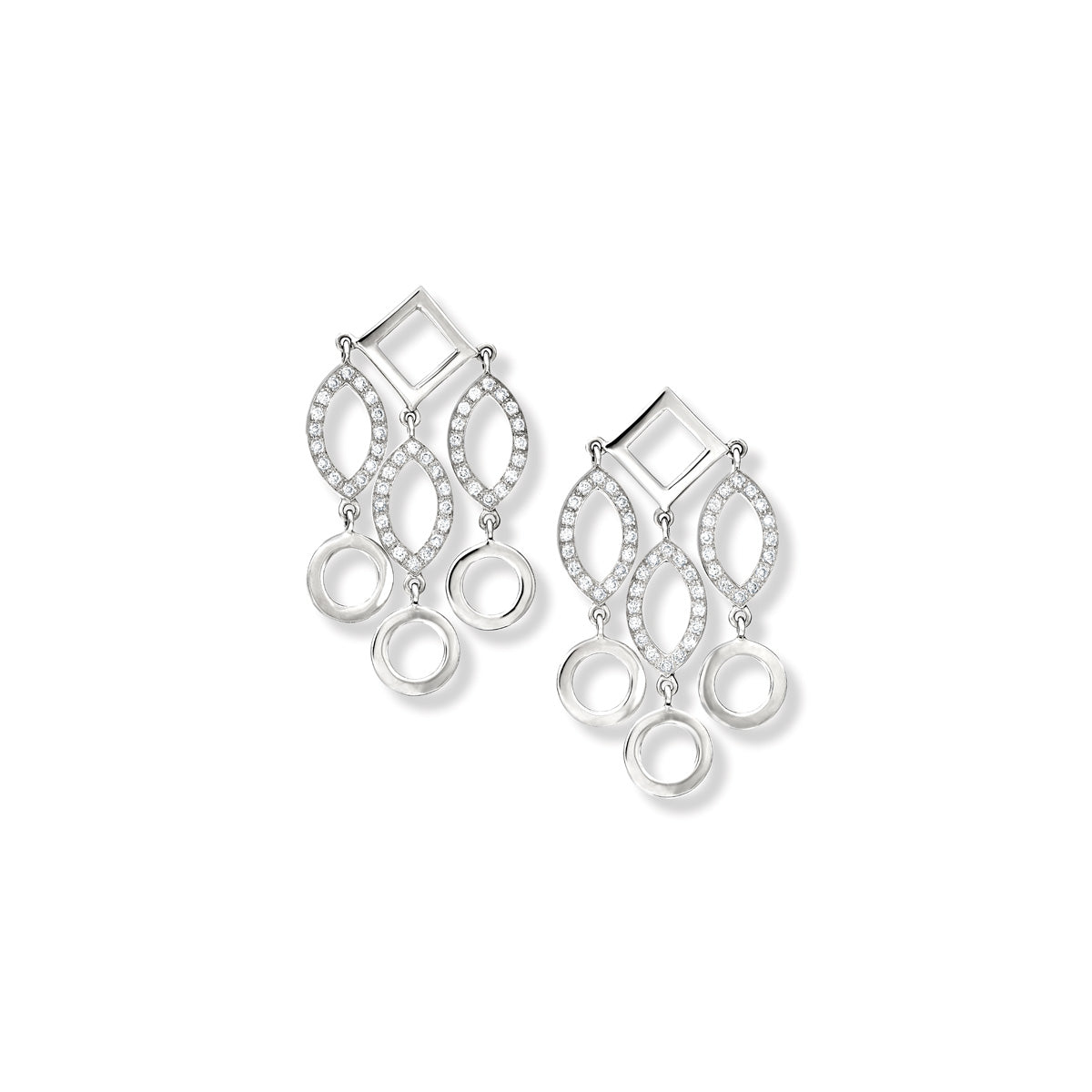 A pair of handcrafted white gold earrings set with diamonds.