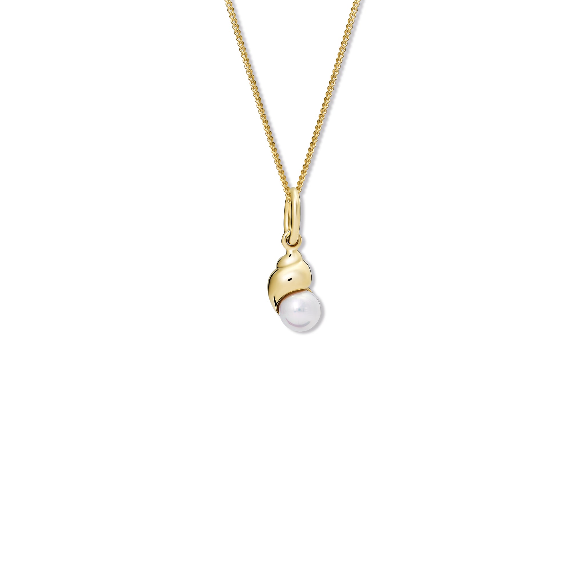 Handcrafted yellow gold shell shaped necklace pendant with a pearl.