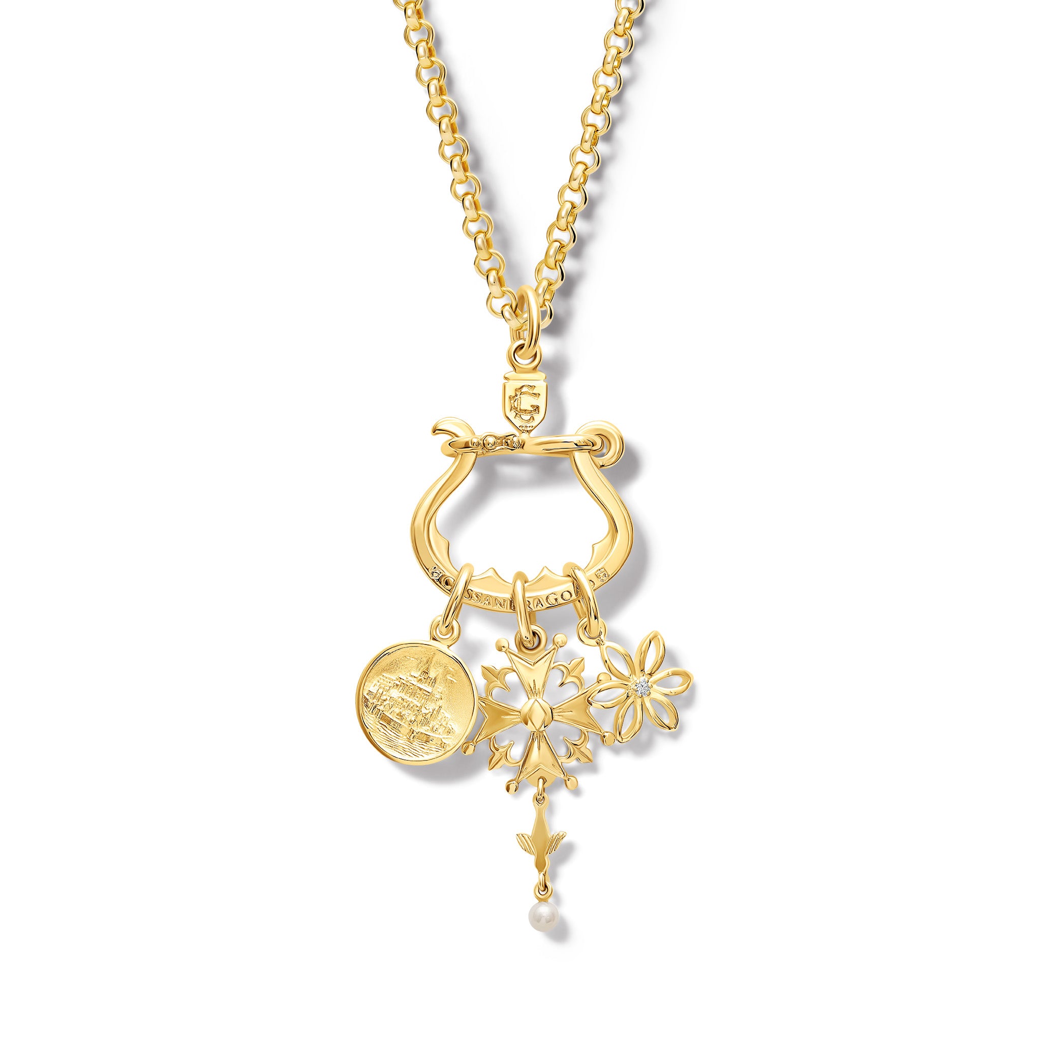 Handcrafted yellow gold necklace pendant with three distinct charms elegantly suspended from it.