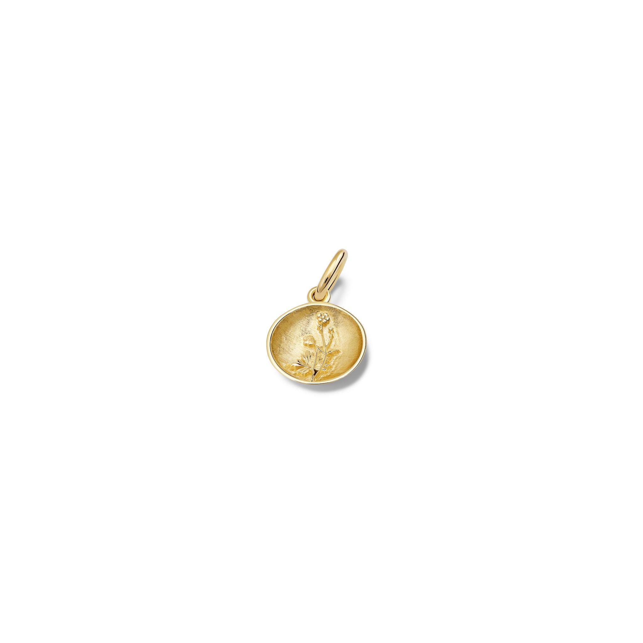 Handcrafted round yellow gold necklace pendant 'en relief' with a buttercup flower.