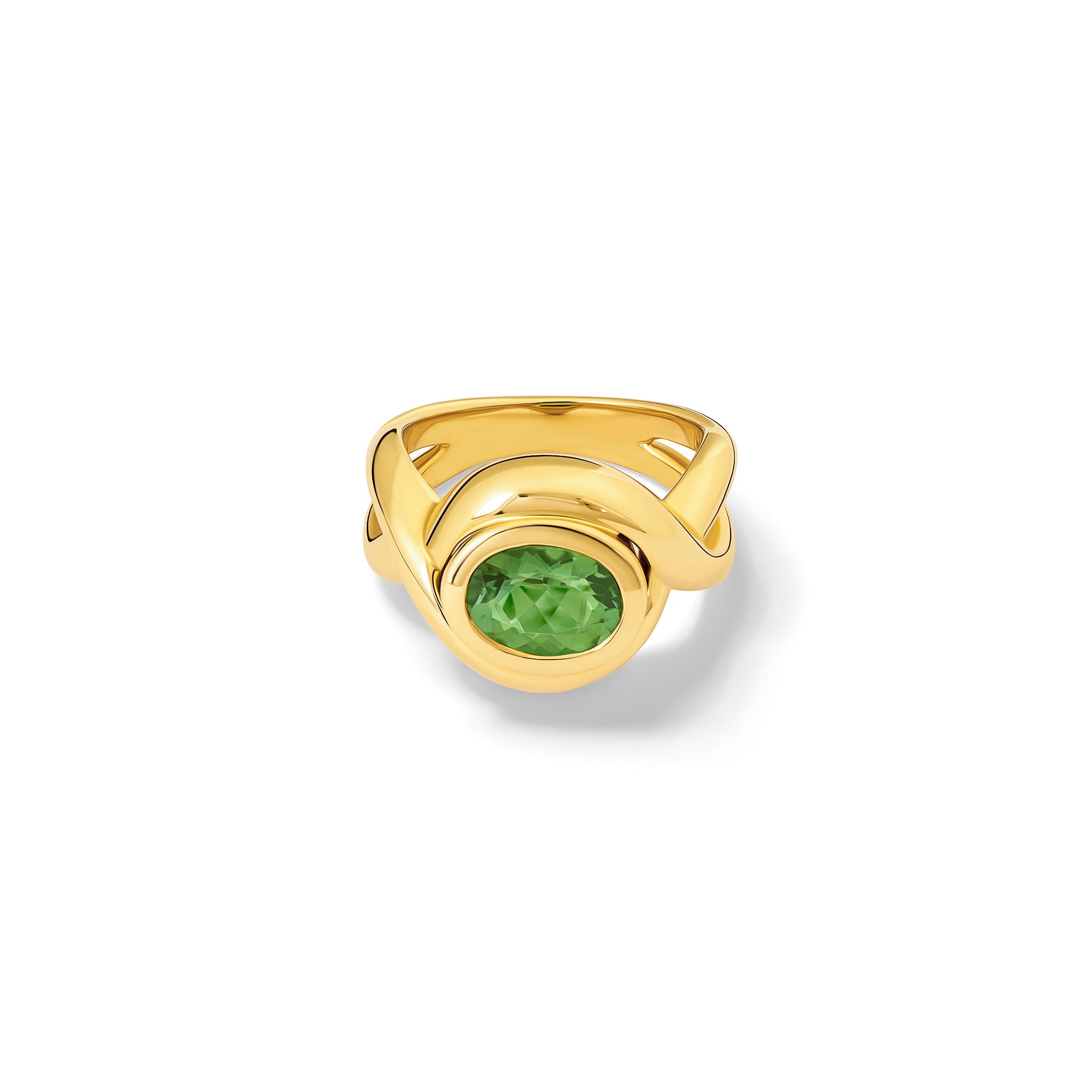 Handcrafted 18ct yellow gold ring featuring curved shanks with a round mint green tourmaline, birthstone of October.