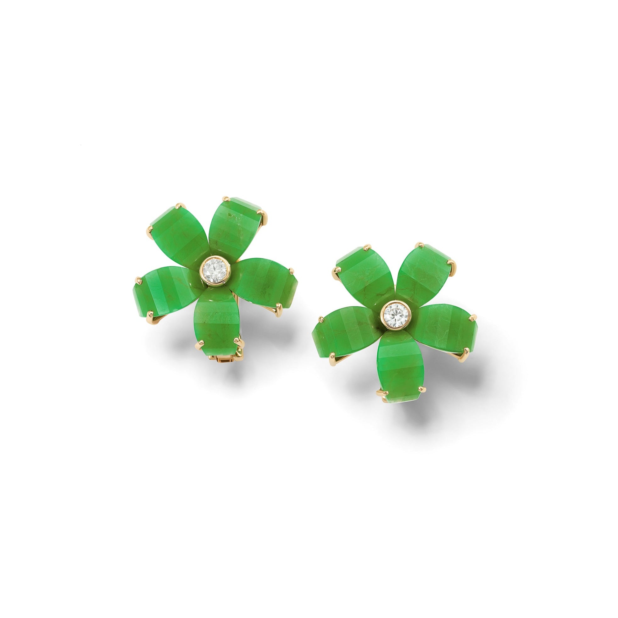 Handcrafted yellow gold flower earring studs featuring five chrysoprase petals and a central diamond.