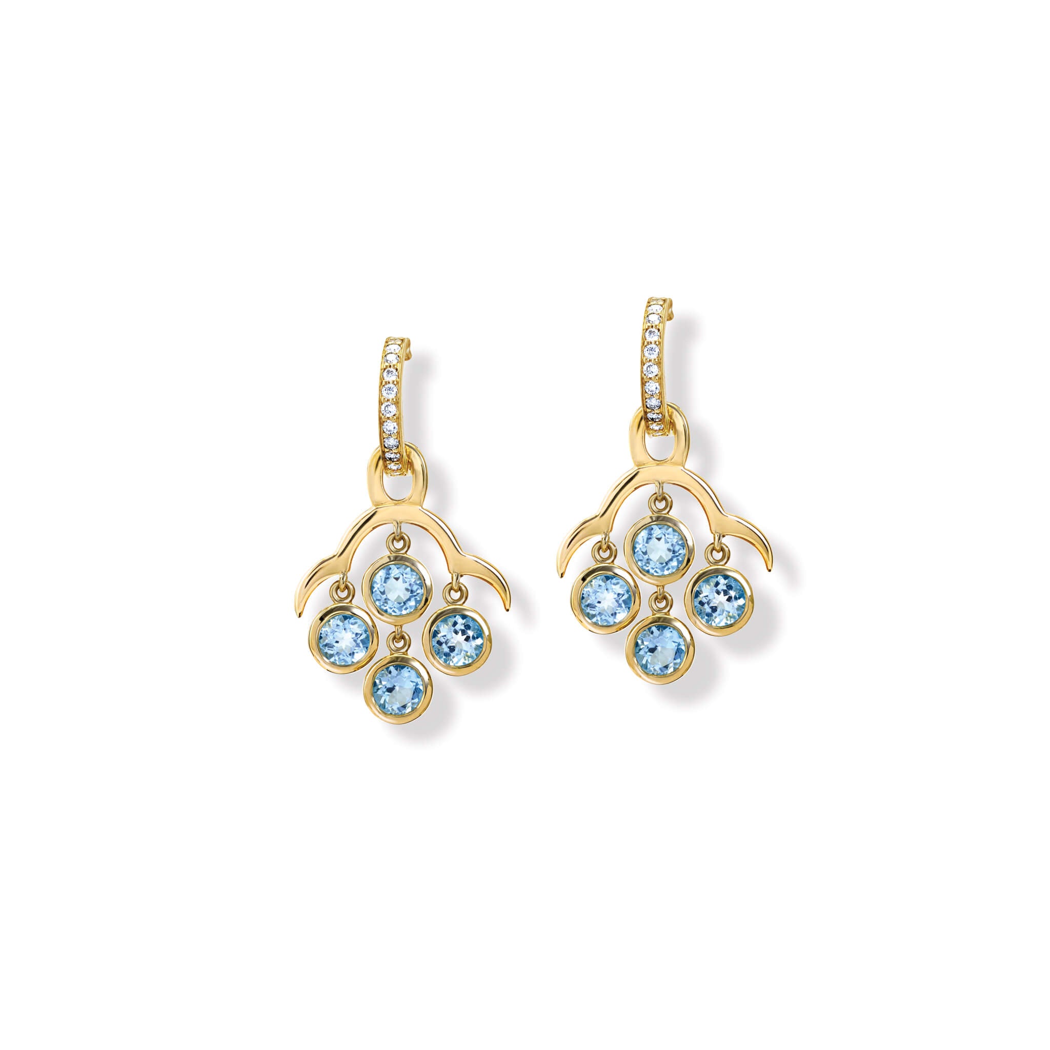 Handcrafted yellow gold earring drops inspired by acai berries featuring three blue topaz gemstones, on Astrea hoops.