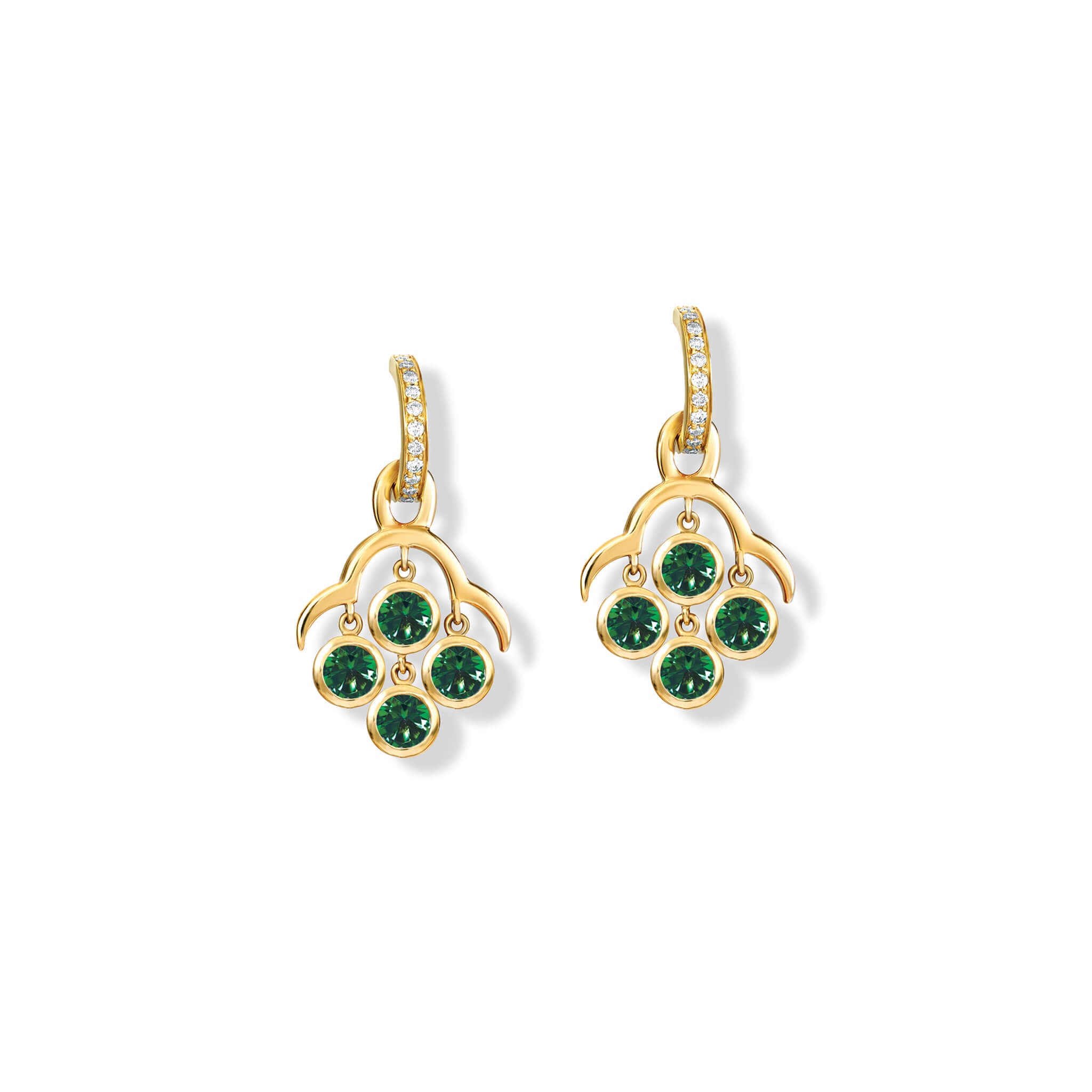 Handcrafted yellow gold earring drops inspired by acai berries featuring four chrome diopside gemstones, on Astrea hoops.
