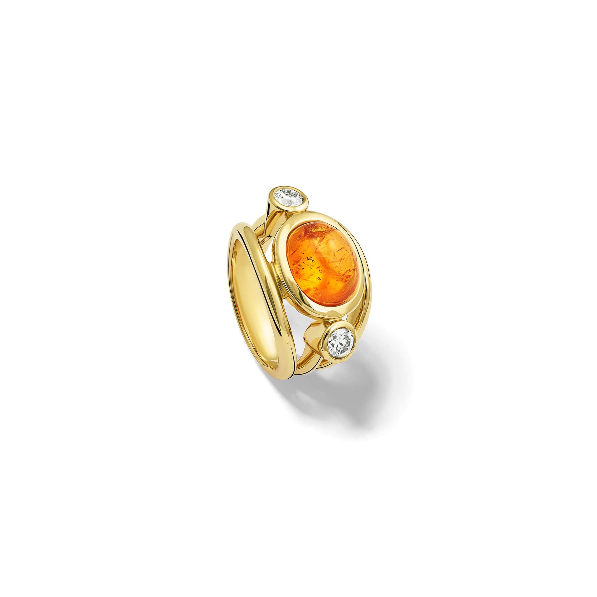 Handcrafted aeneus ring in 18ct yellow gold with oval cabochon cut mandarin garnet and diamond, inspired by Aeneas of Troy, January birthstone