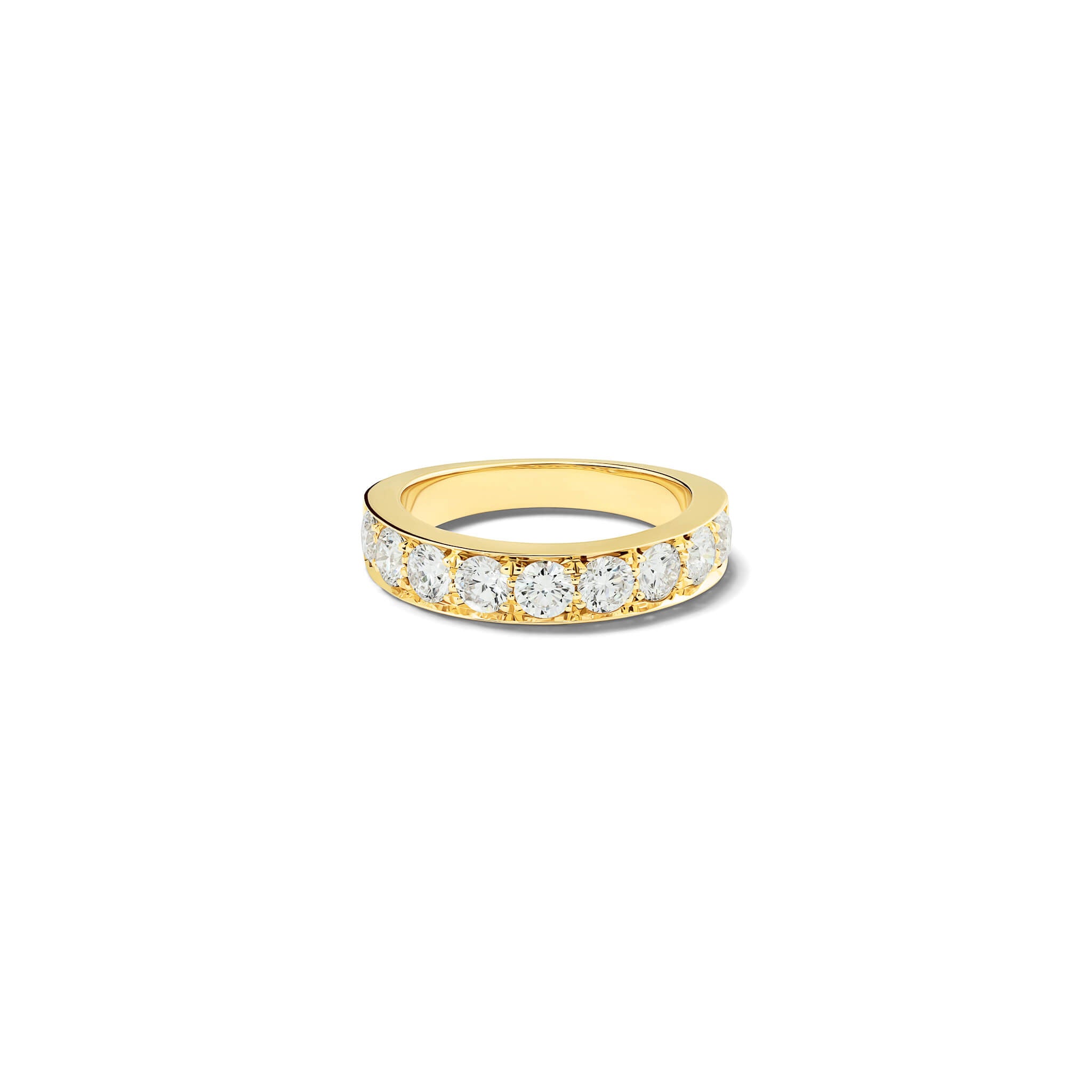 Handcrafted 18ct yellow gold wedding band set with diamond along half of the band.
