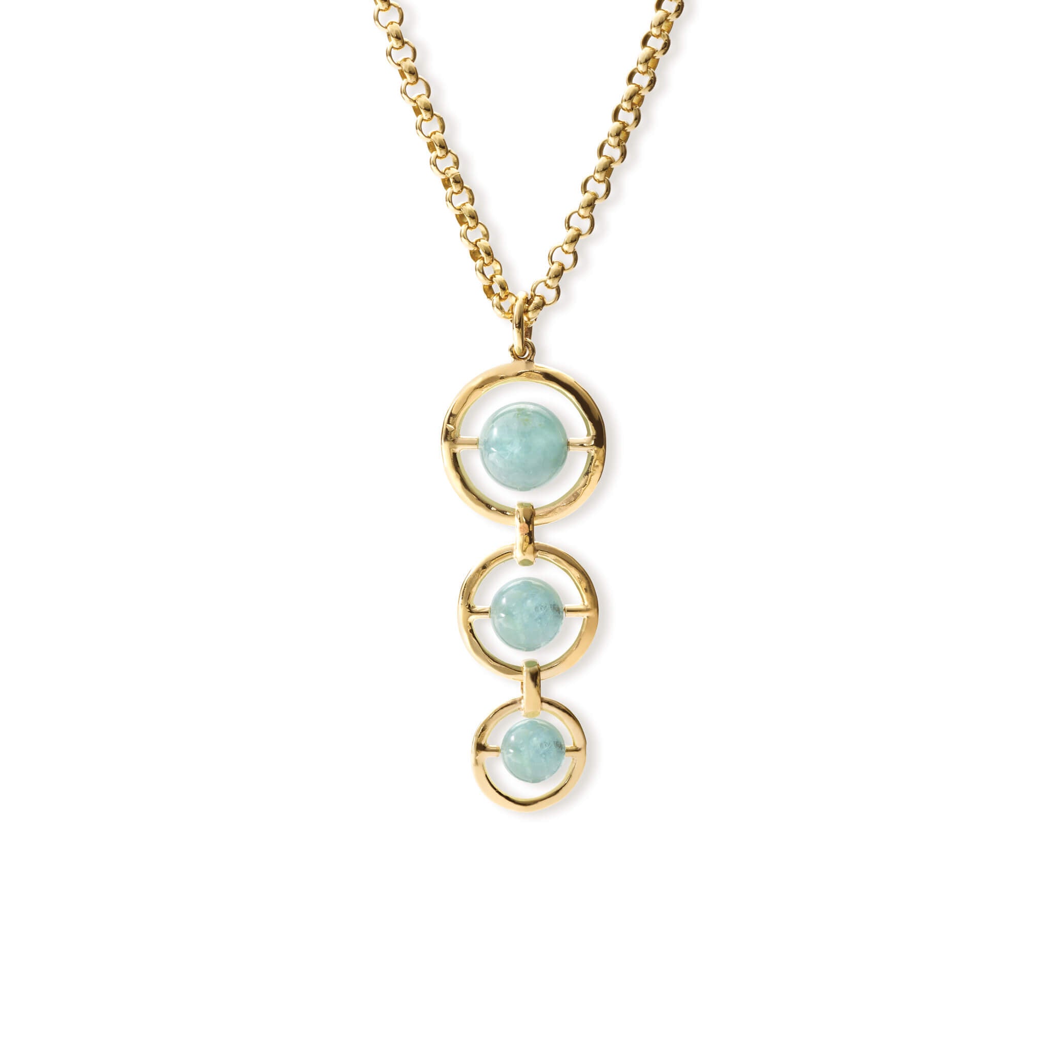 Handcrafted yellow gold necklace pendant with three vertically aligned circular frames, each encircling an aquamarine bead, march birthstone
