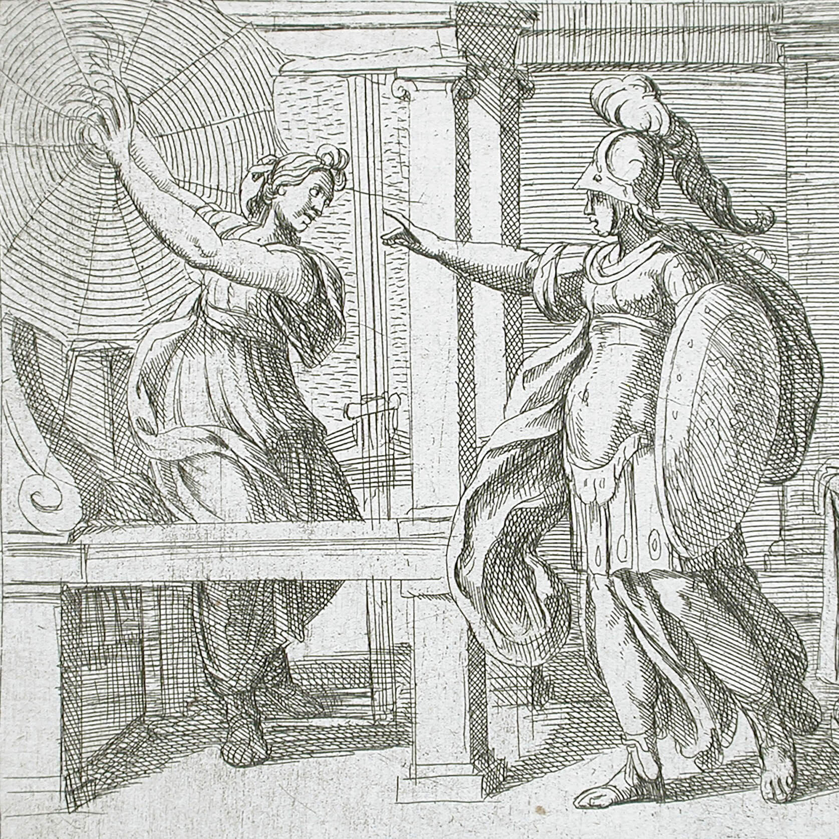 Athena changing Arachne into a spider