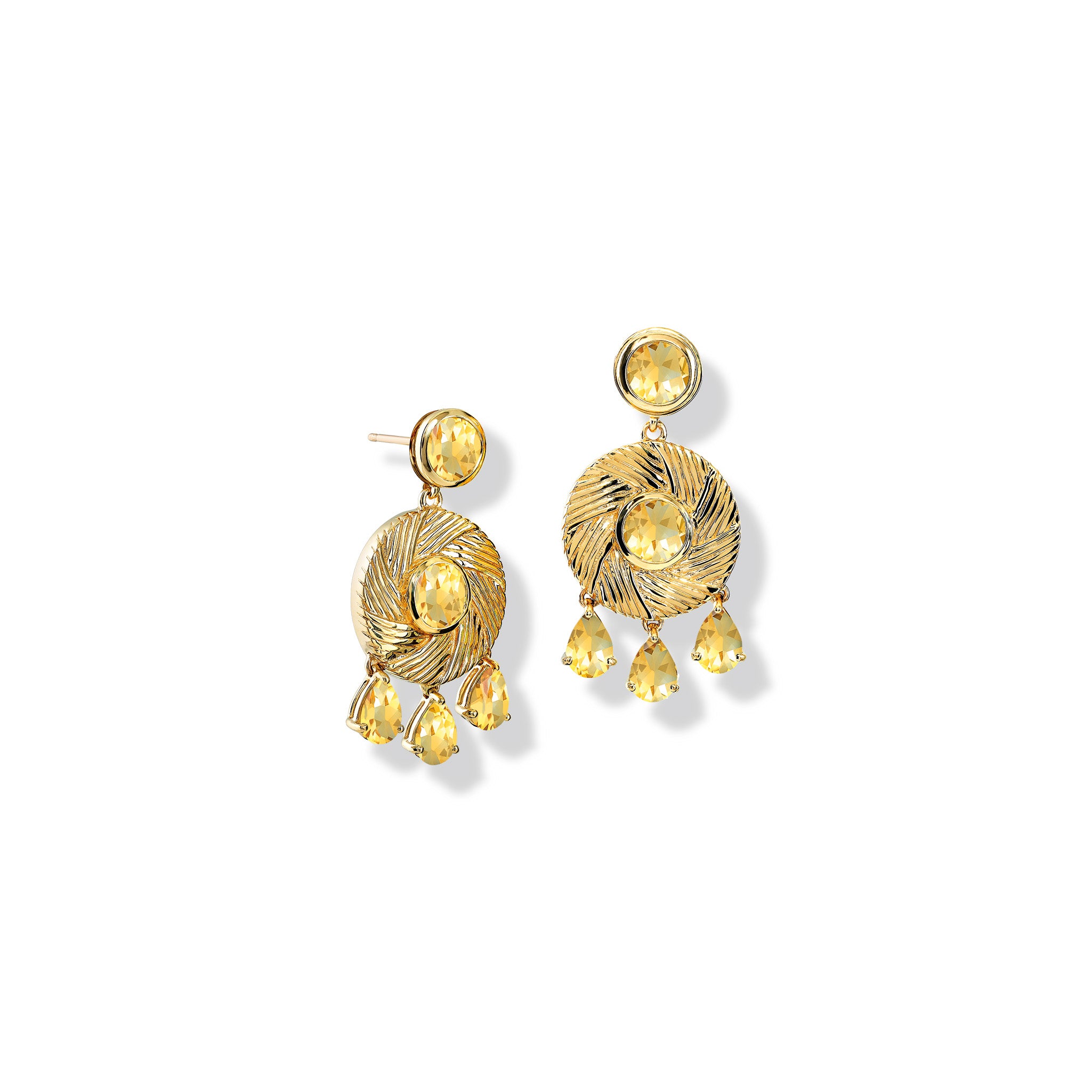Handcrafted yellow gold earrings with a round design featuring engraved stripes, centered with citrine, and accented by three dangling blue topaz drops, november birthstone
