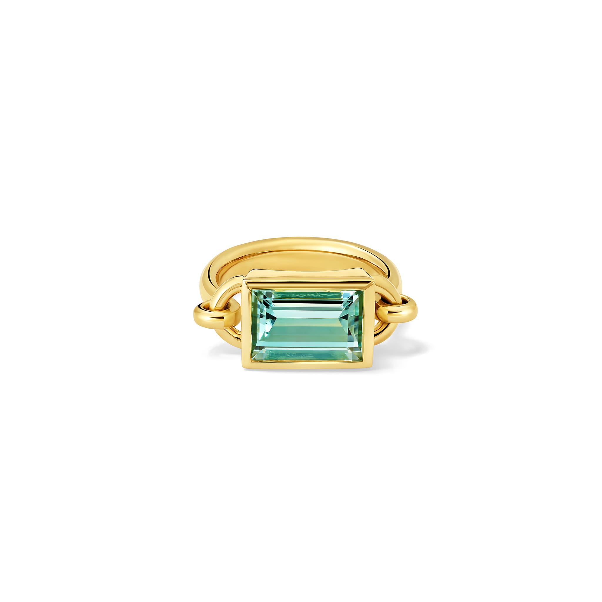 Handcrafted 18ct yellow gold baguette ring with mint tourmaline, october birthstone