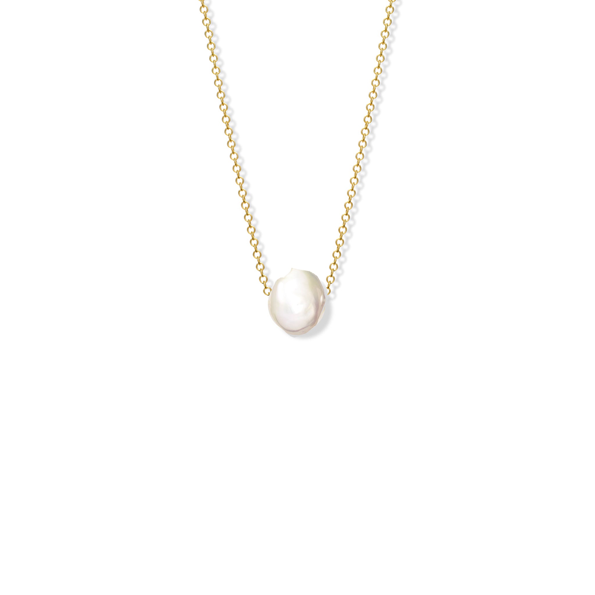 Handcrafted yellow gold necklace featuring a round baroque pearl, birthstone of June.