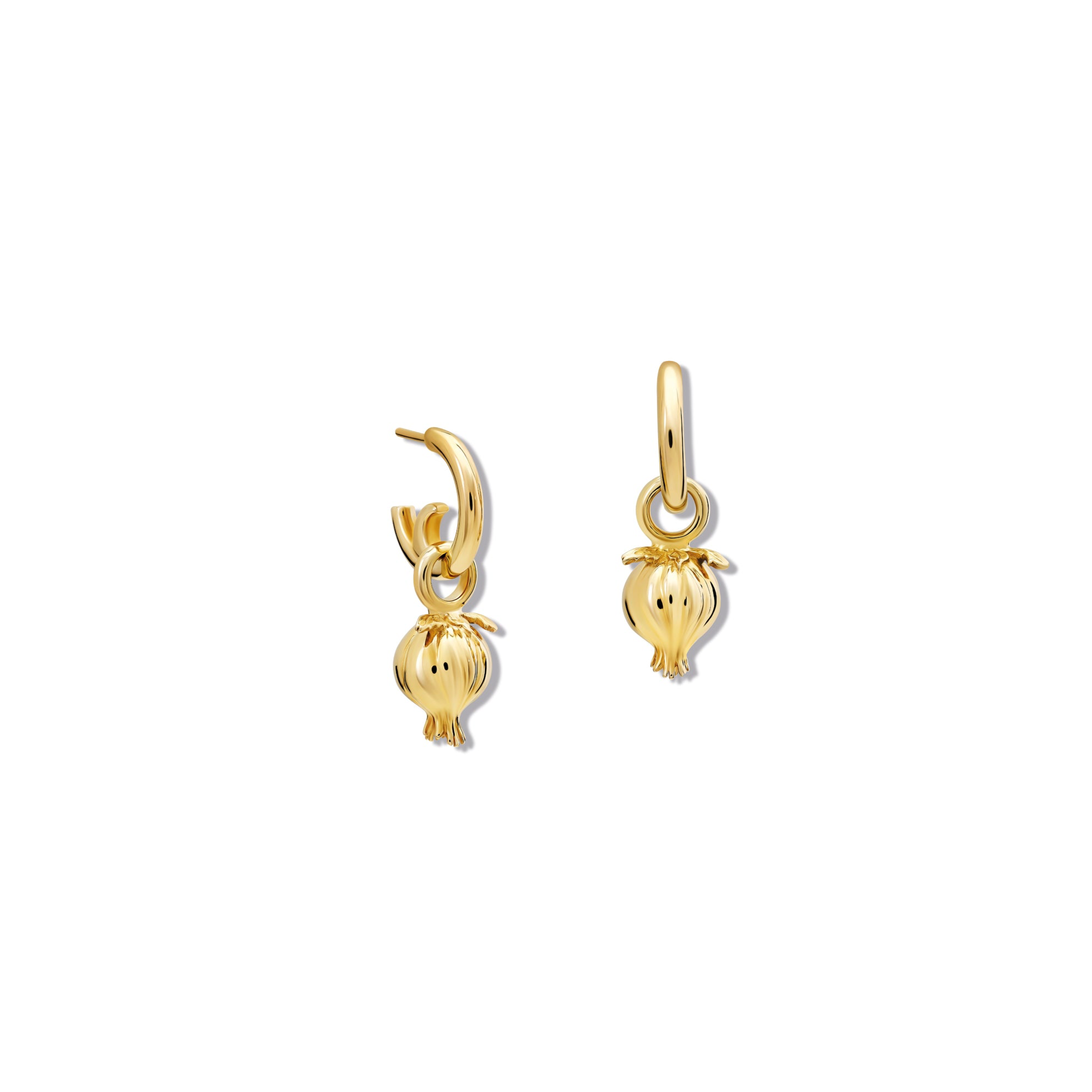 Handcrafted yellow gold pomegranate shaped earring drops.