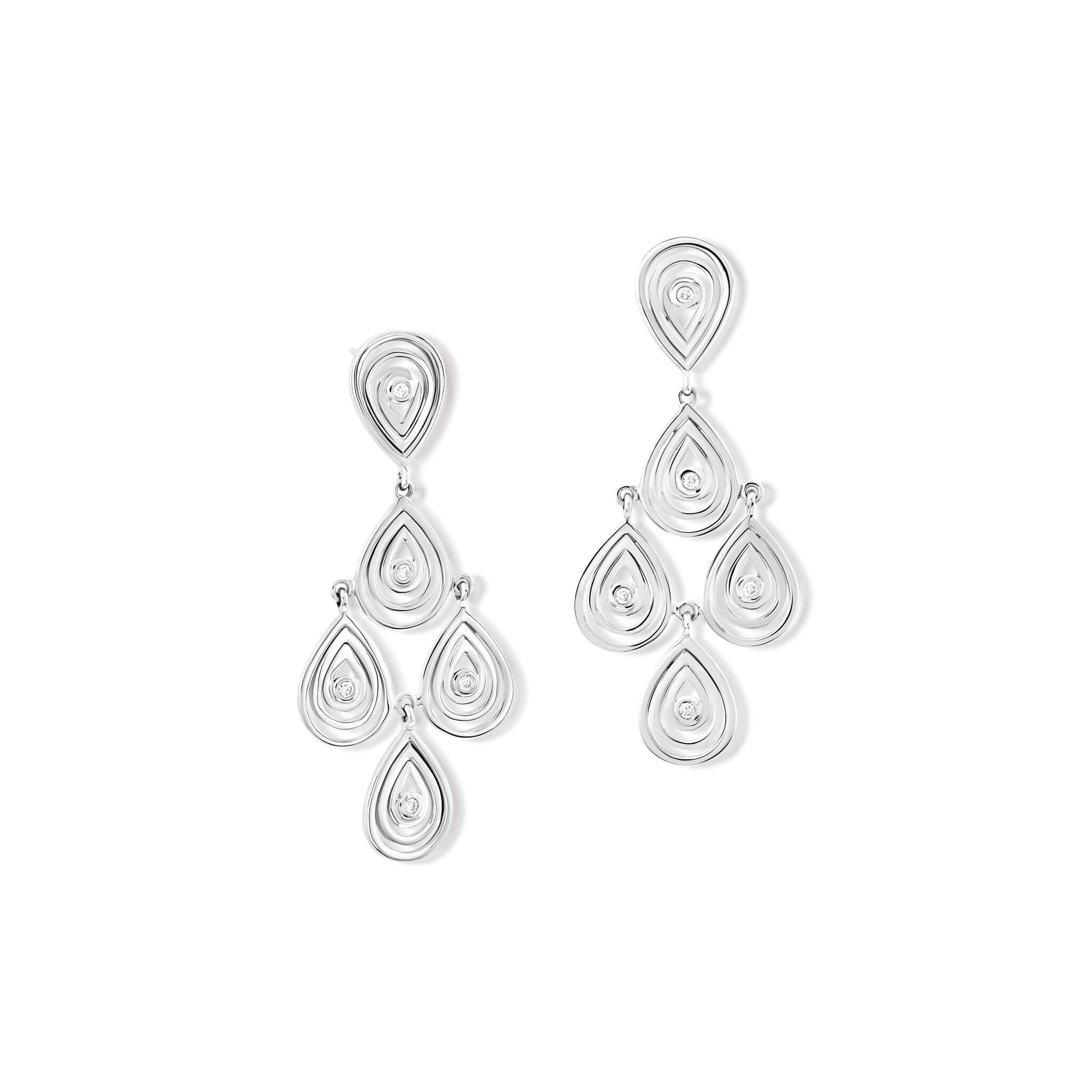 Handcrafted 9ct white gold earrings with 5 diamonds in a cascading teardrop outline.