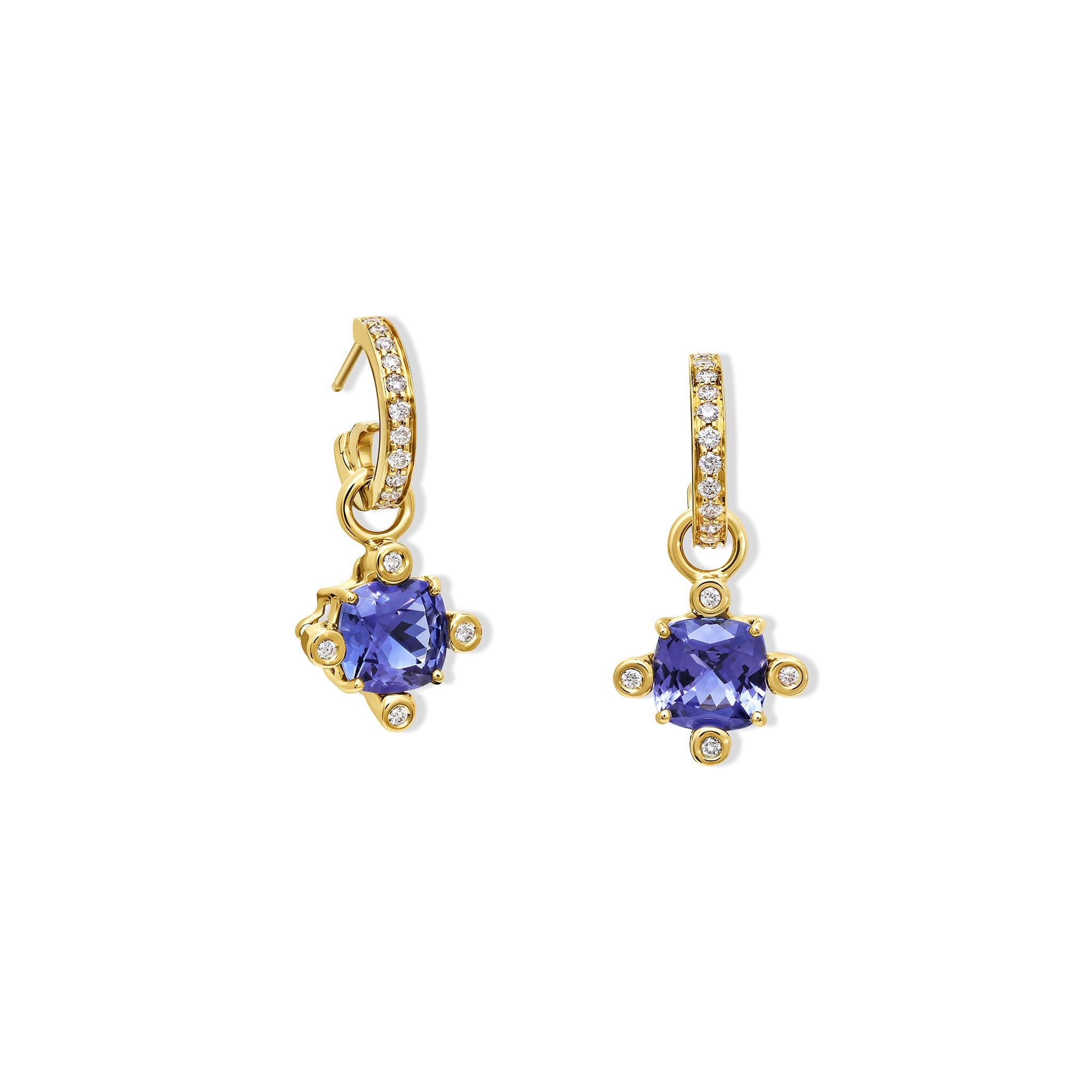 Handcrafted Compass earring drops in yellow gold with tanzanite and diamond, december birthstone