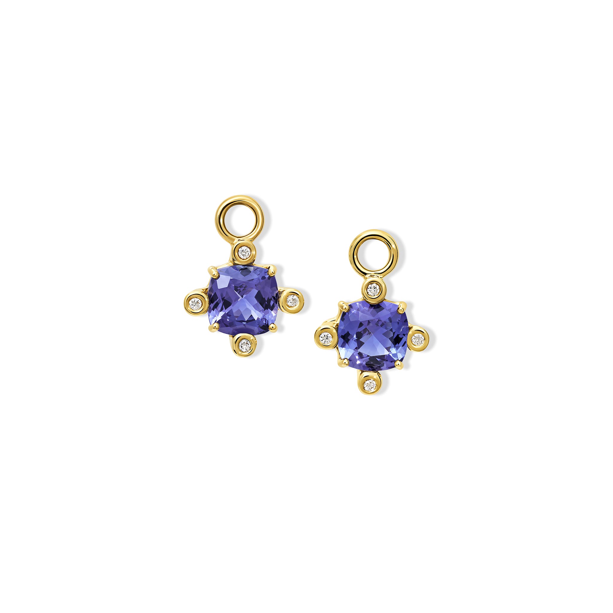Handcrafted Compass earring drops in yellow gold with tanzanite and diamond, december birthstone