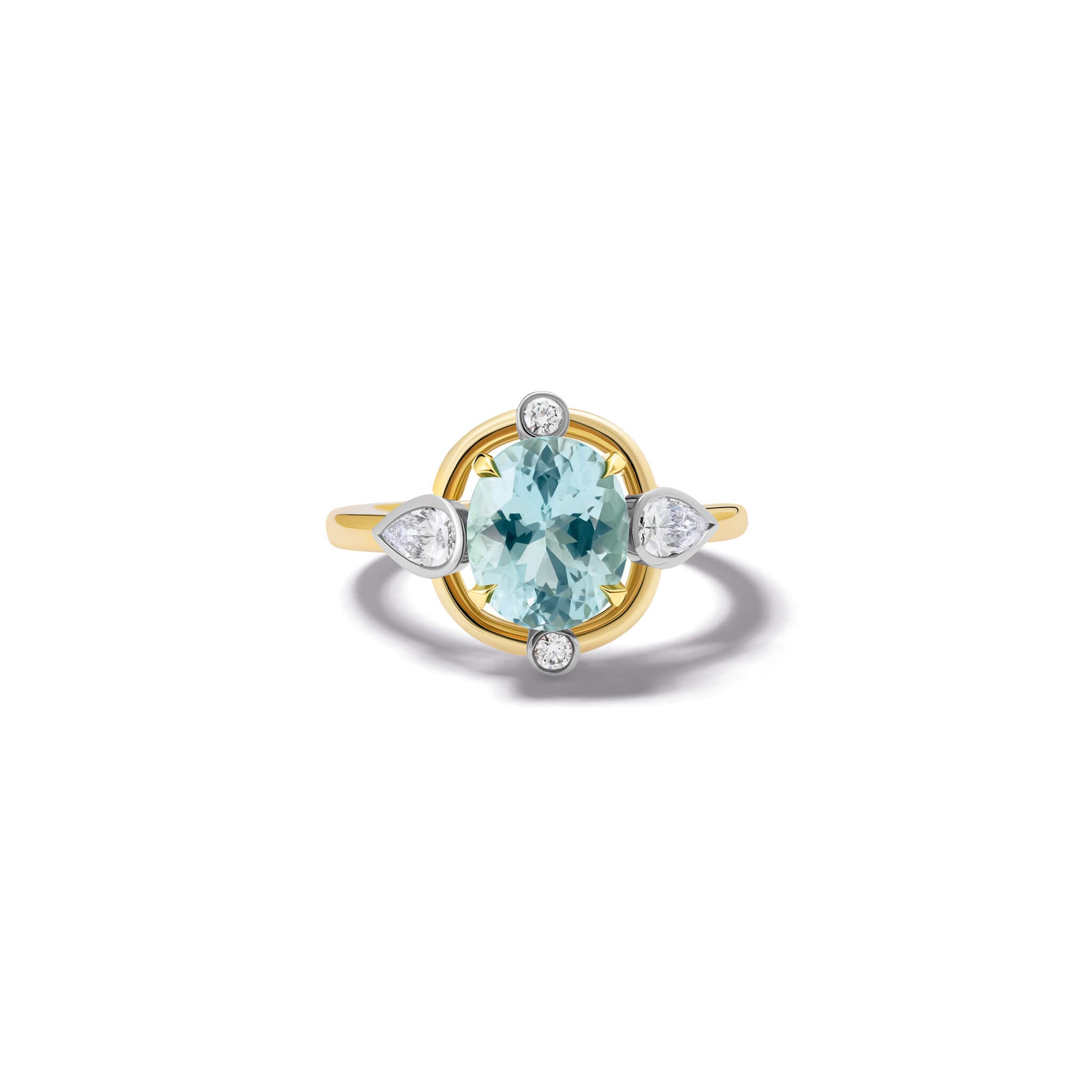Handcrafted 18ct yellow gold engagement ring featuring a soft blue aquamarine at its centre, surrounded by four smaller diamonds, two teardrop-shaped, march birthstone.