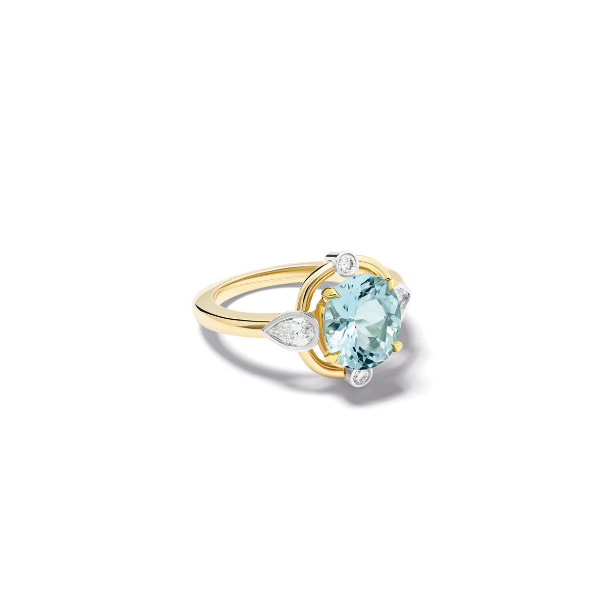Handcrafted 18ct yellow gold engagement ring featuring a soft blue aquamarine at its centre, surrounded by four smaller diamonds, two teardrop-shaped, march birthstone.