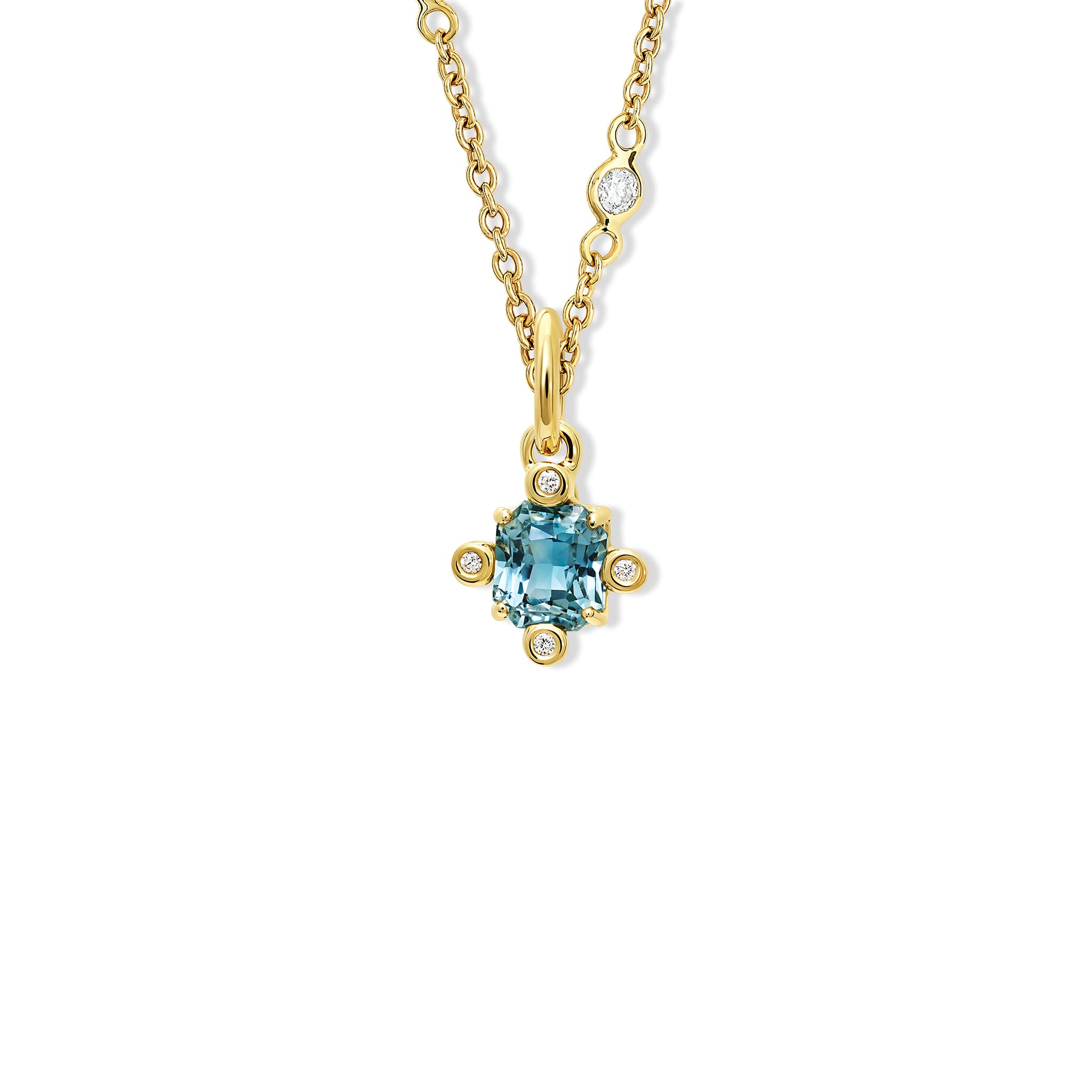 Handcrafted 18ct yellow gold Compass pendant with emerald-cut blue sapphire set with four diamonds, september birthstone