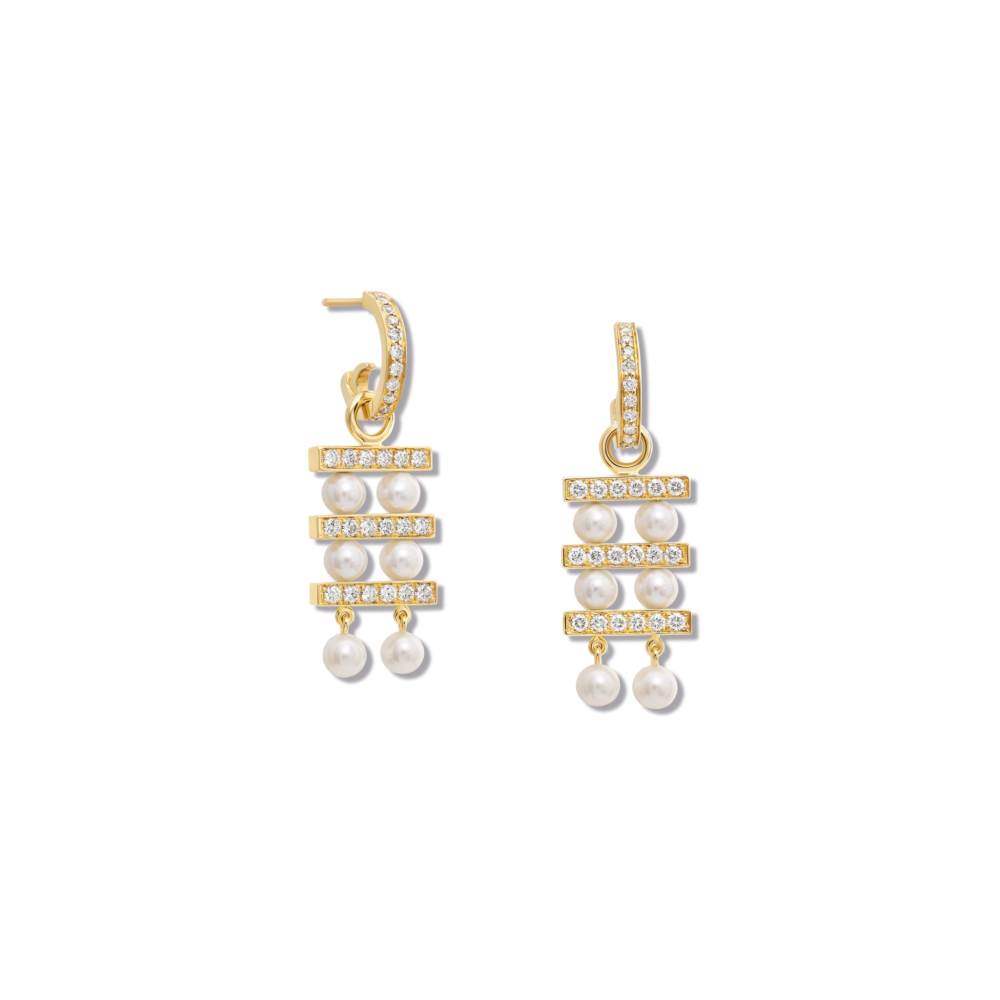 Handcrafted 18ct yellow gold earring drops with three tiers of pearls separated by delicate gold lines adorned with diamond pave.