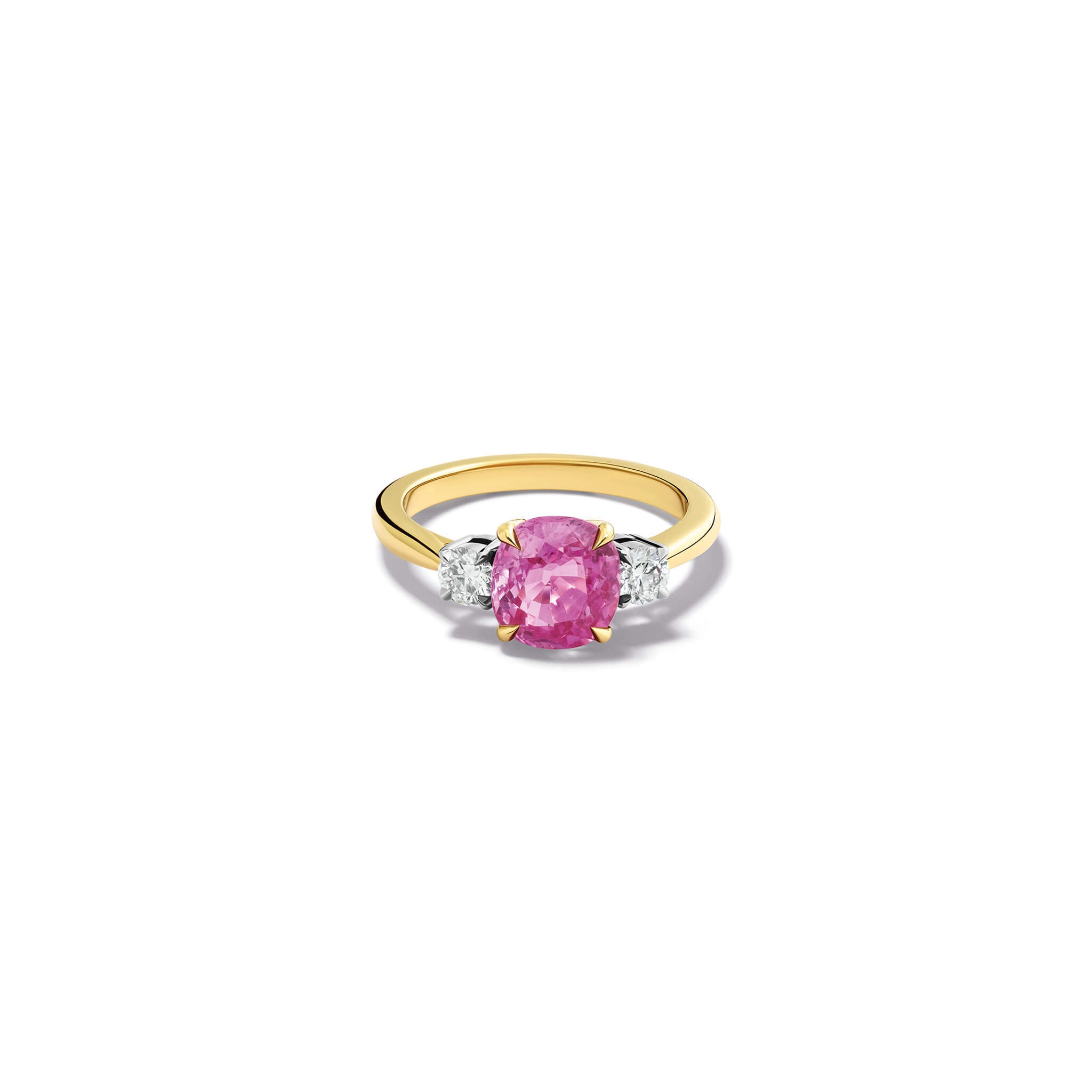 Handcrafted Delilah engagement ring in 18ct yellow and white gold with pink sapphire and diamond.