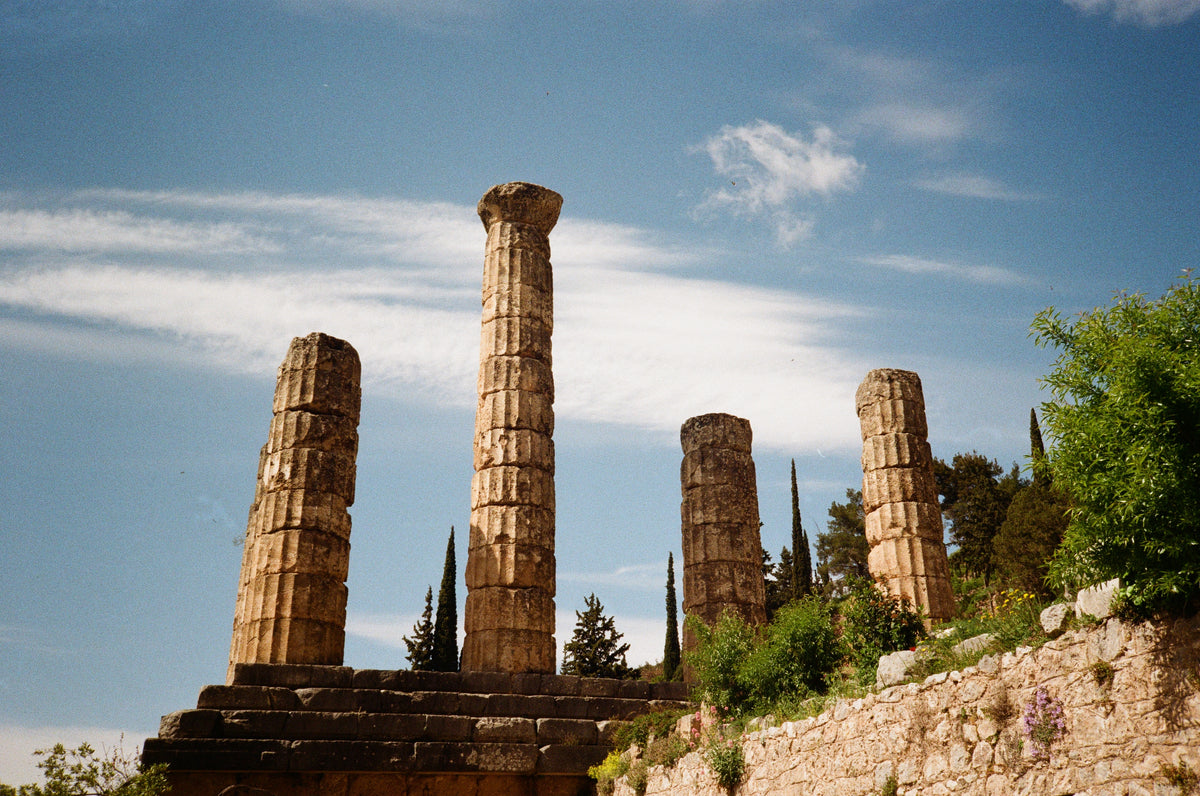 Ancient temple with Doric columns in Delphi, Greece