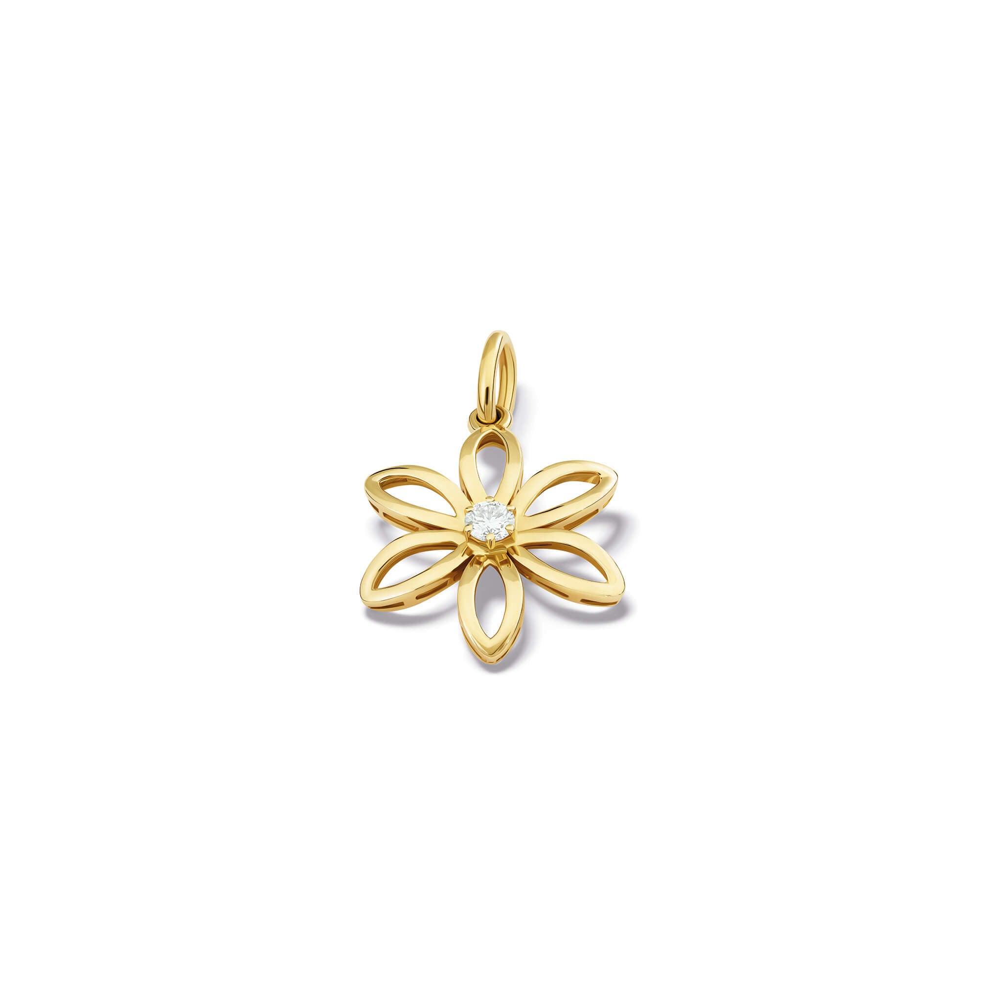 Handcrafted yellow gold flower necklace pendant with a central diamond, birthstone of April