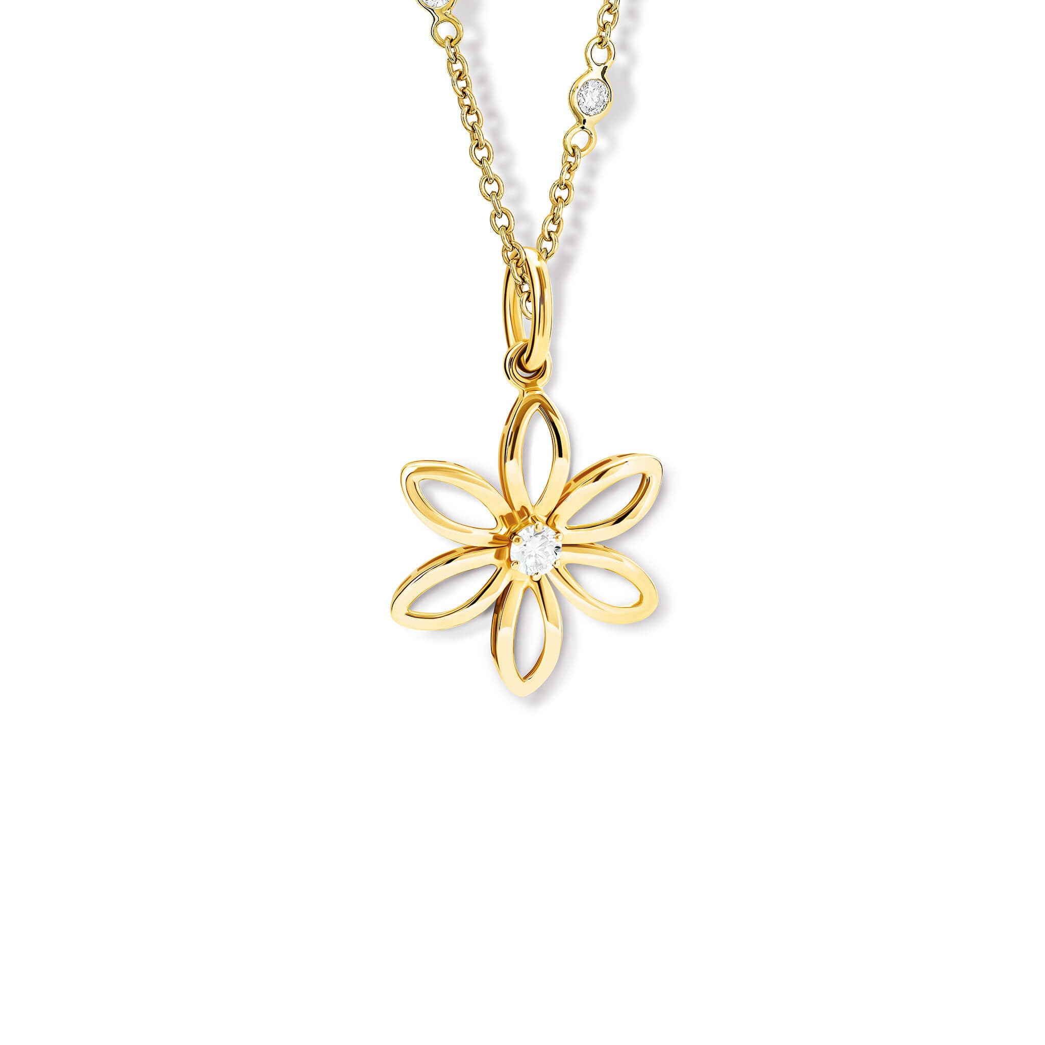 Handcrafted yellow gold flower necklace pendant with a central diamond, birthstone of April